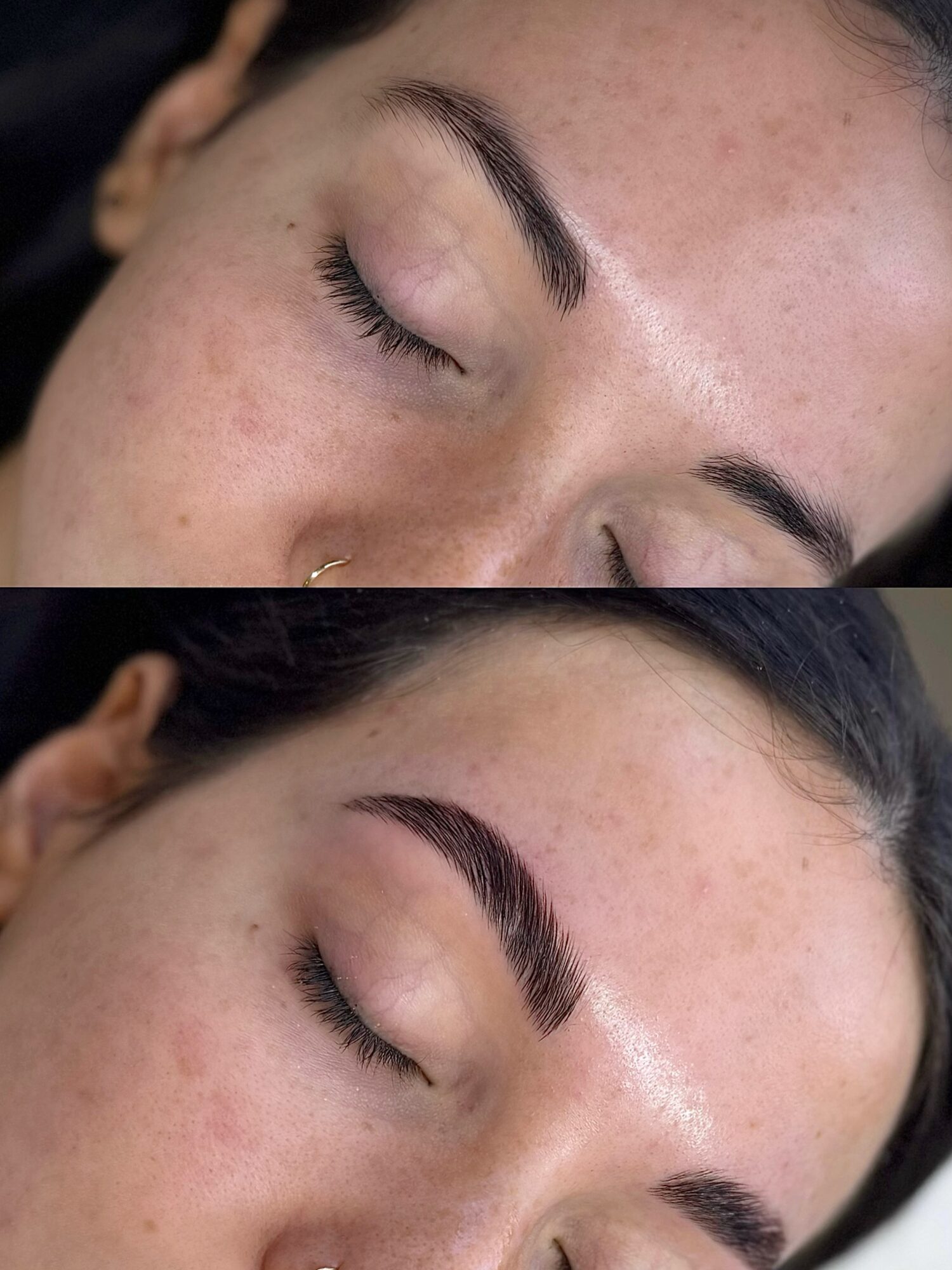 Close-up of a woman's face with eyes closed, showing clear skin and well-groomed eyebrows.