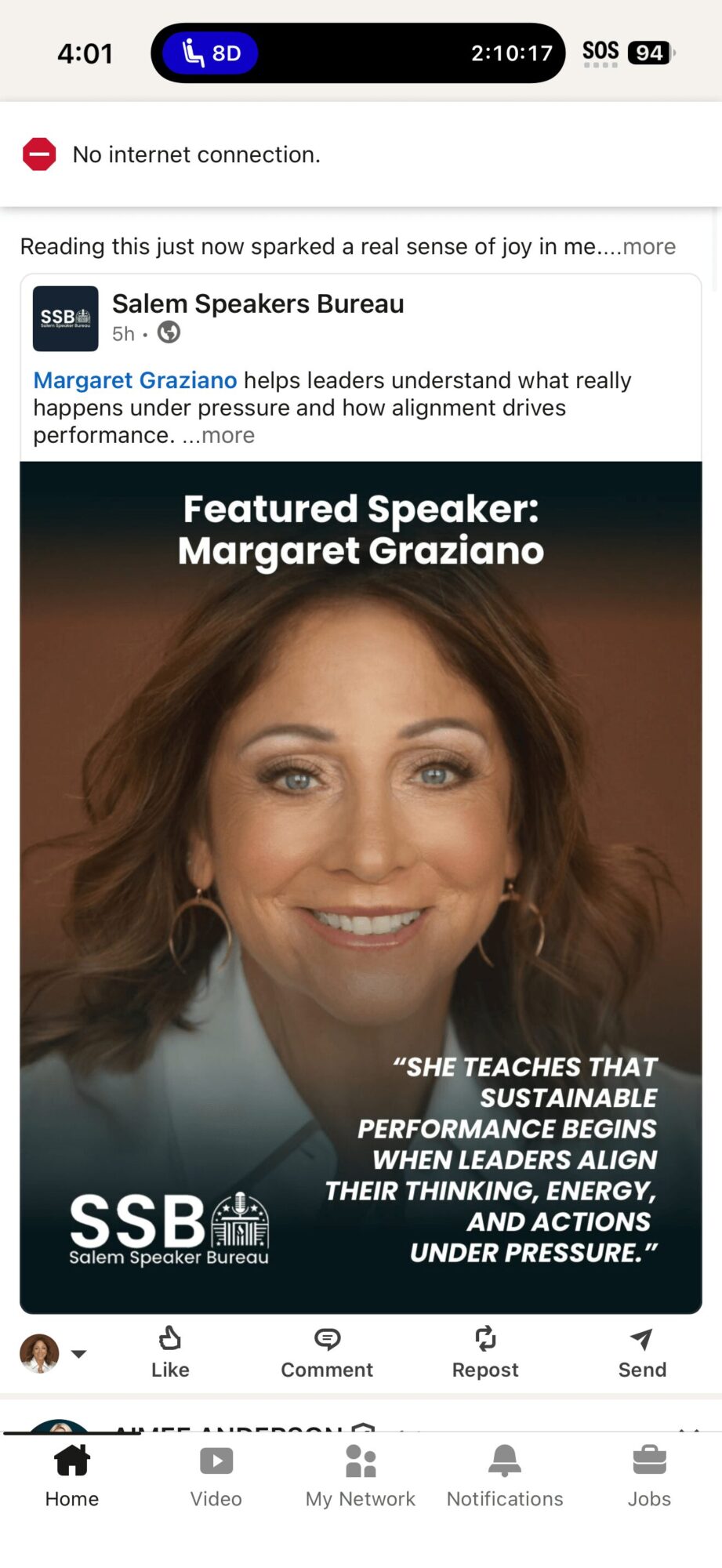 Close-up of a woman with brown hair smiling, text overlay about Margaret Graziano and speakers, logo at bottom left.