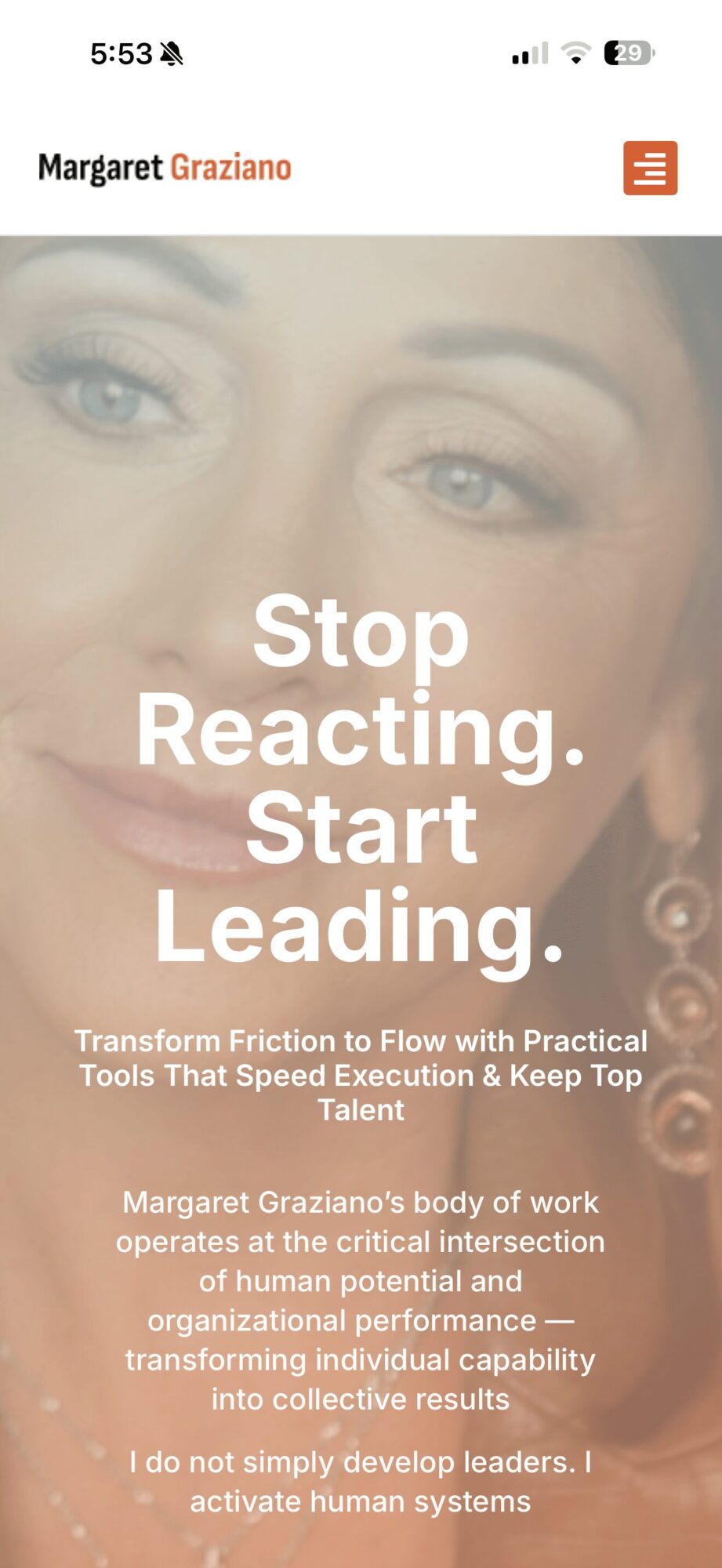 Close-up of a woman's face with text overlay: 'Stop Reacting. Start Leading.'