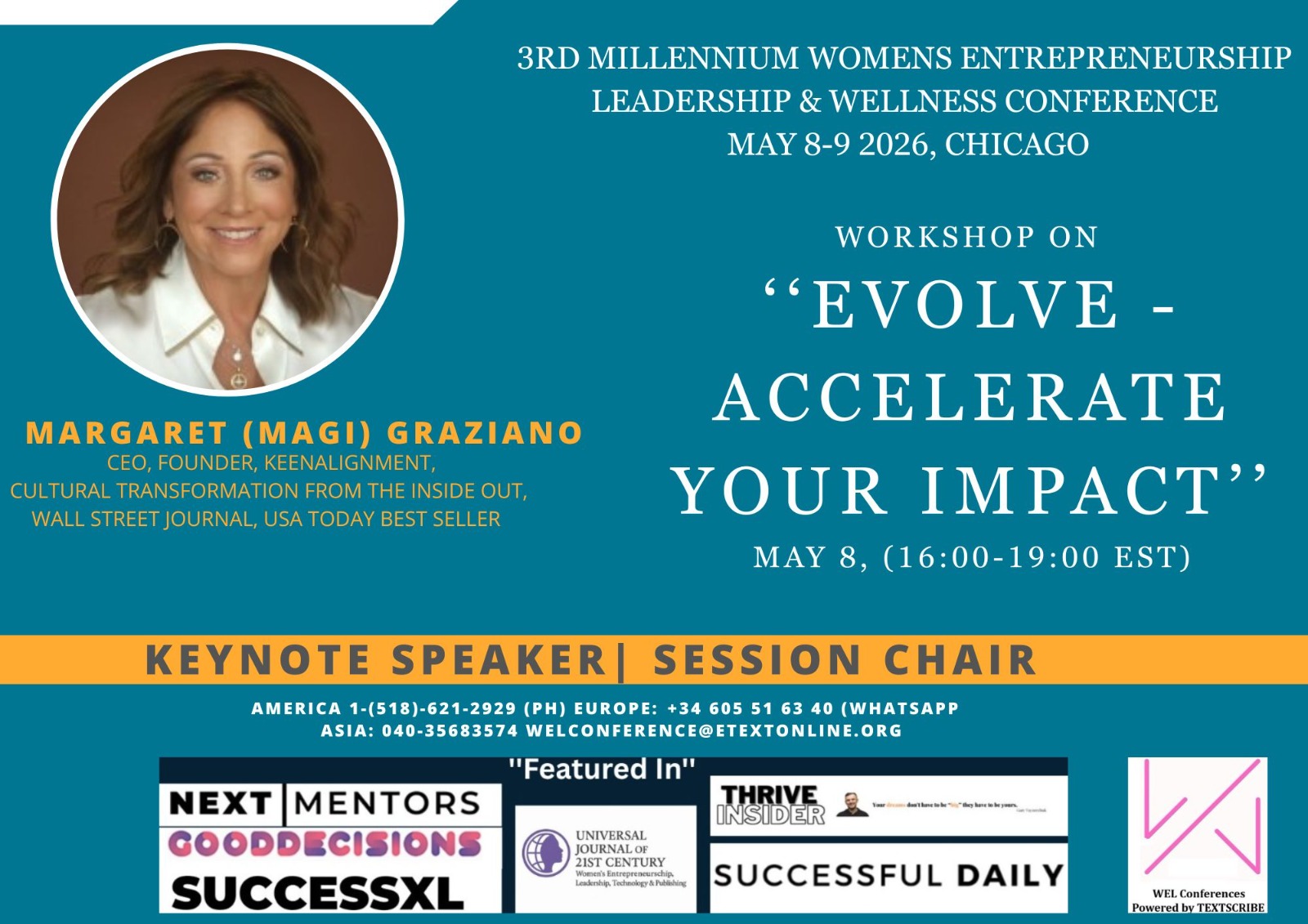 Event poster for women's entrepreneurship conference featuring Margaret Graziano, with event details and sponsor logos.