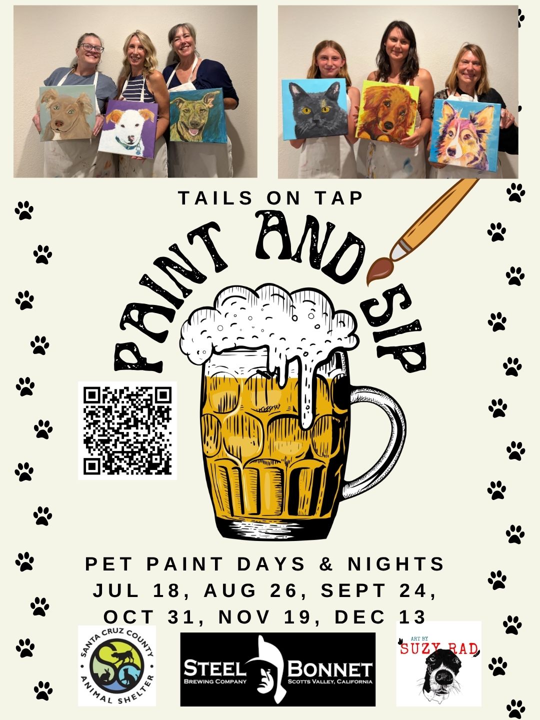 Group of people holding painted pet portraits, with event details and beer mug illustration, promoting pet paint days and nights.
