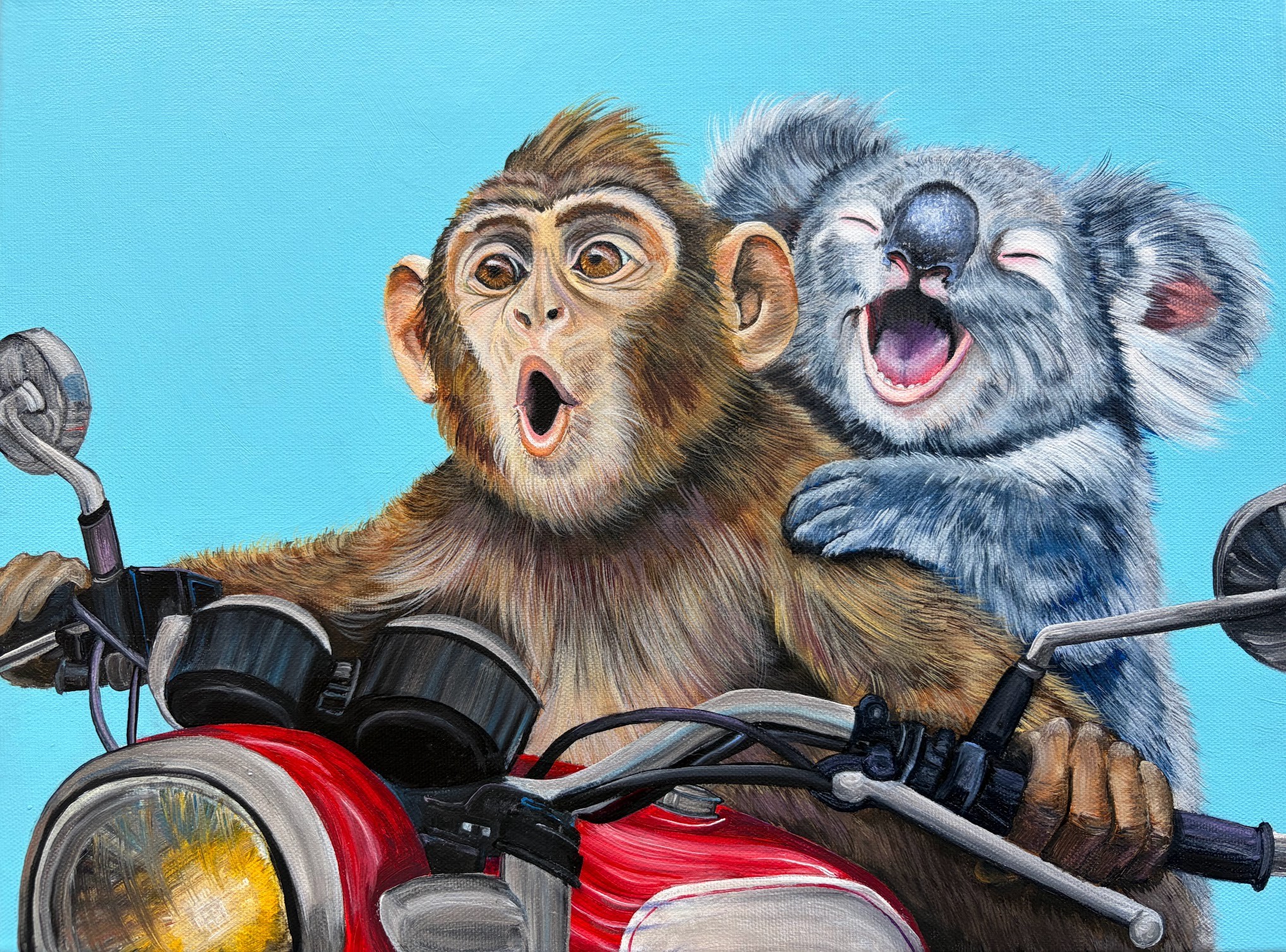 Two animated monkeys on a motorcycle, one with surprised expression and the other smiling, against a blue background.
