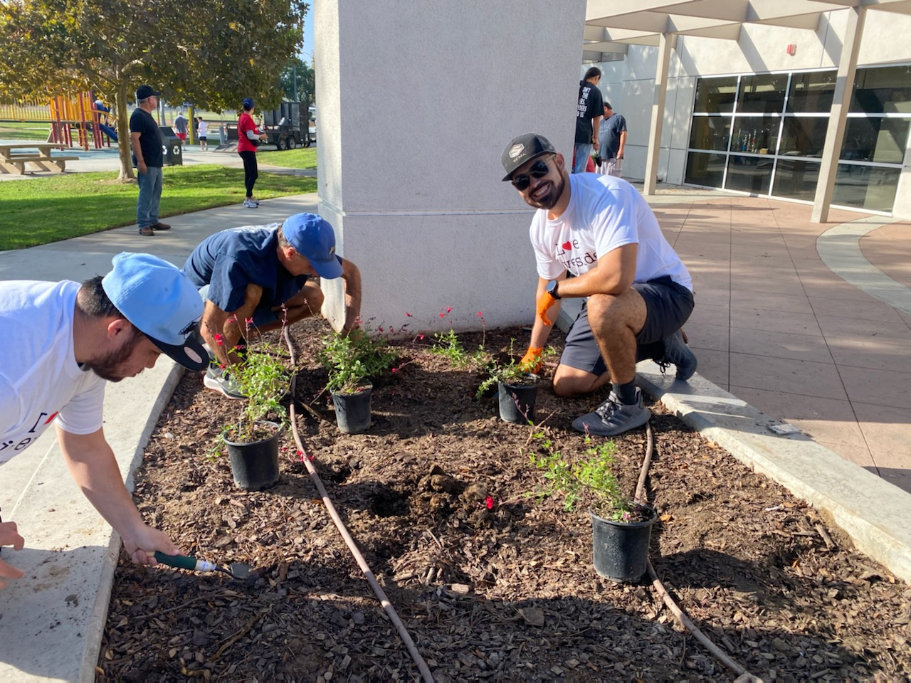 Three people planting flowers in a garden bed outside a building, with others walking in the background.