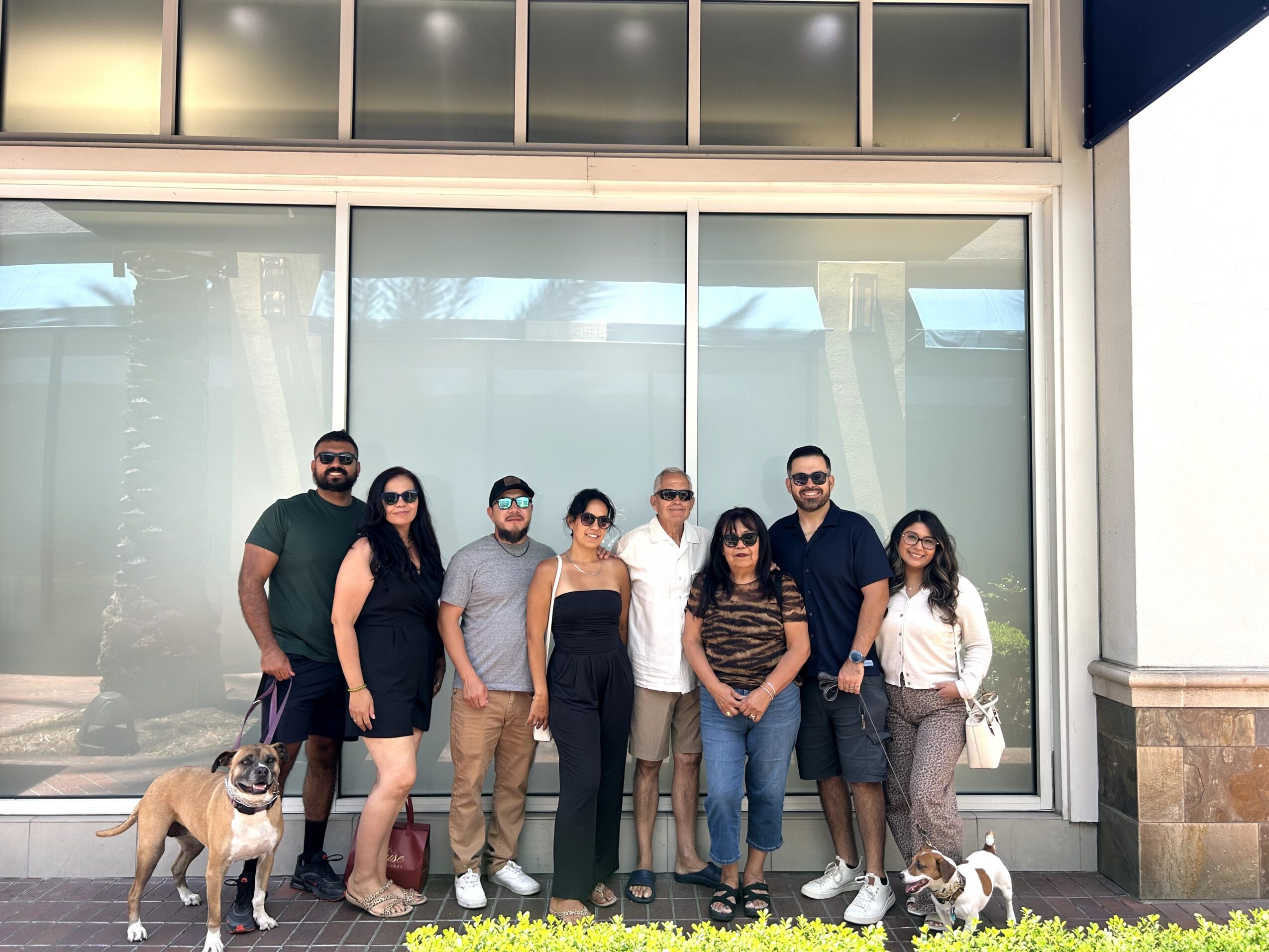 Group of eight people standing outside a building with large glass windows, two dogs on leashes, some wearing sunglasses, smiling.