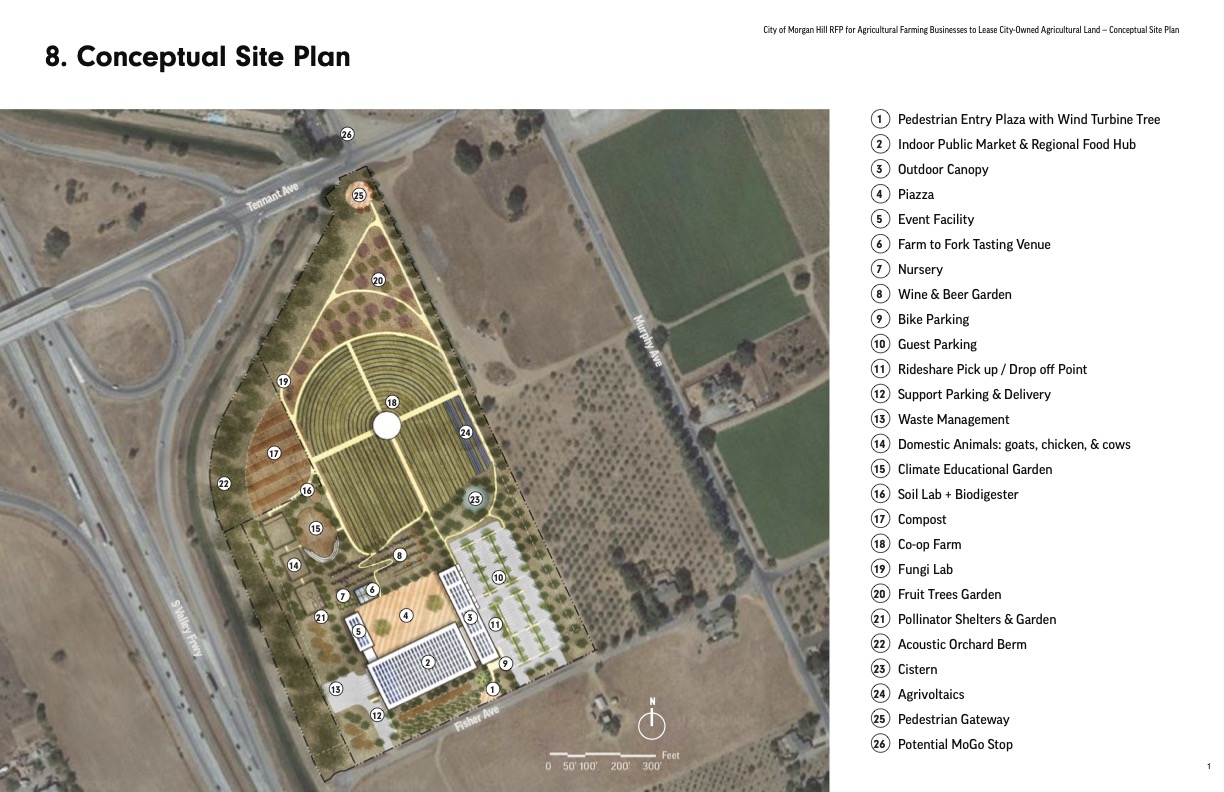 Conceptual site plan showing a sports field, playground, parking, and surrounding landscape with labeled features.