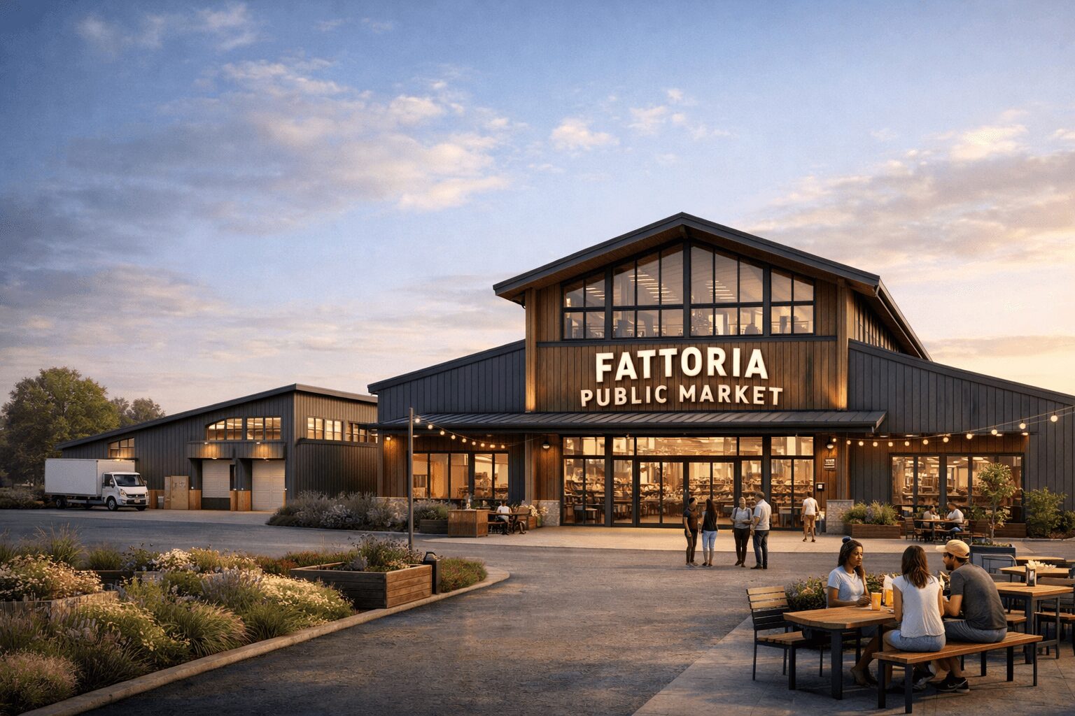 Fattoria Public Market building with people sitting outside, sky with clouds, and parking lot in front.