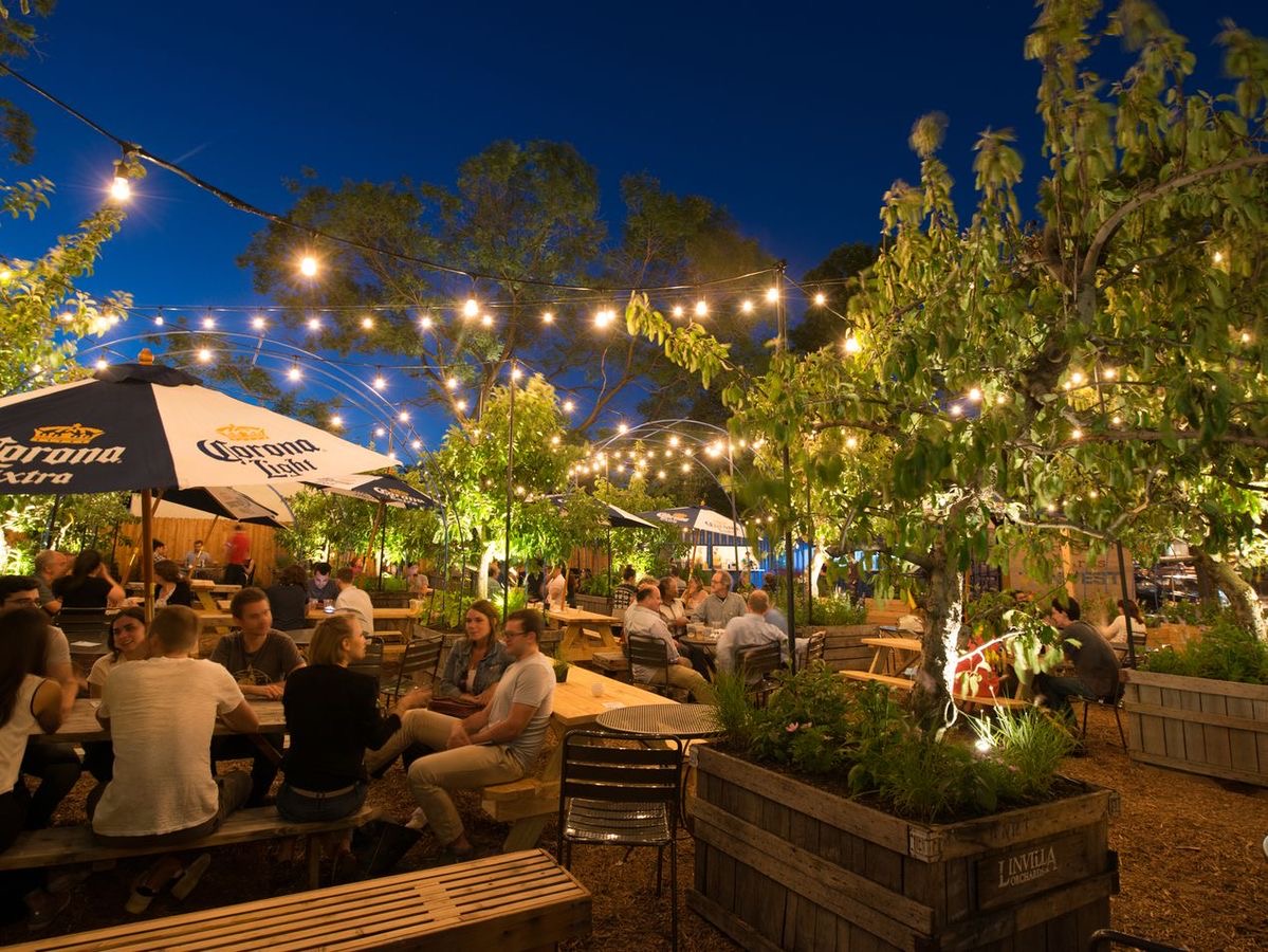 People sitting at tables outdoors under string lights and trees during evening, with umbrellas and greenery.
