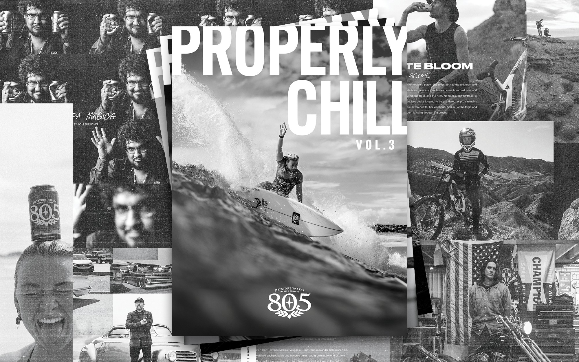 Collage of black and white photos with a central magazine cover titled 'Properly Chill Vol. 3' featuring a person surfing.