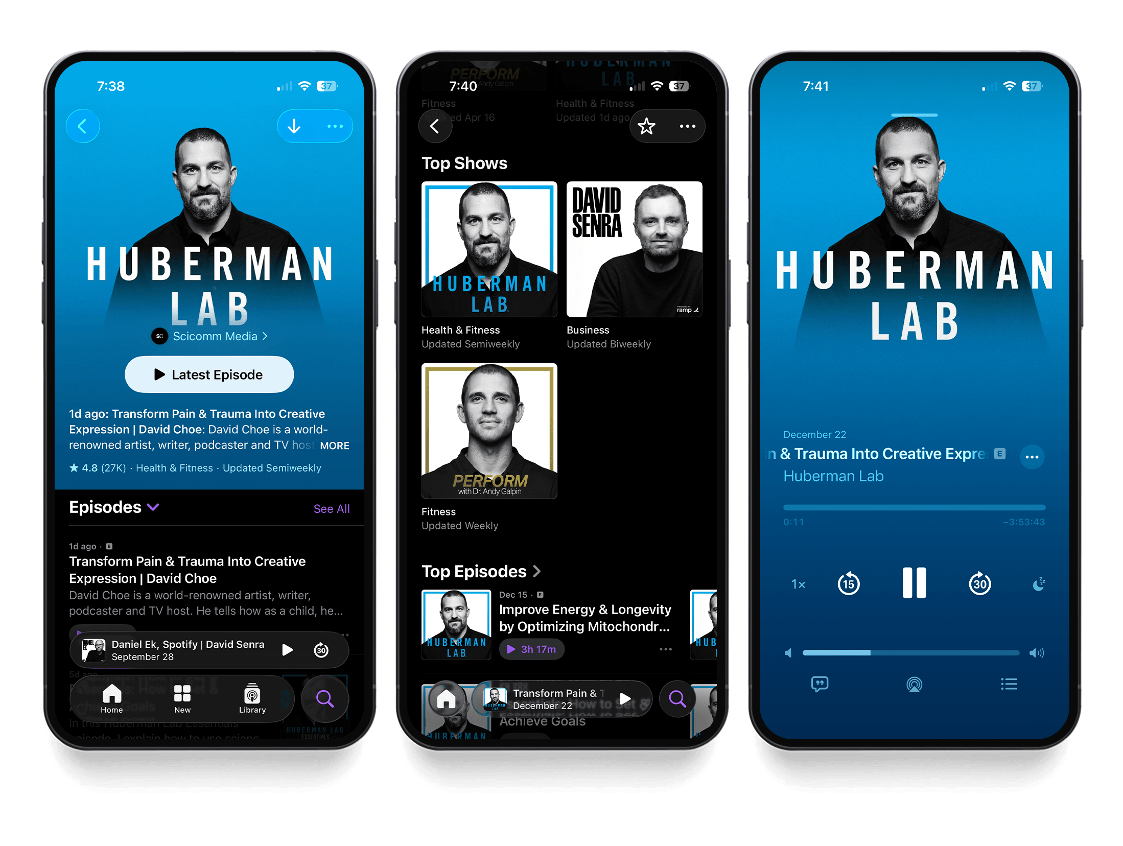 Three smartphones display a podcast app with a man on the cover, episode lists, and playback controls.