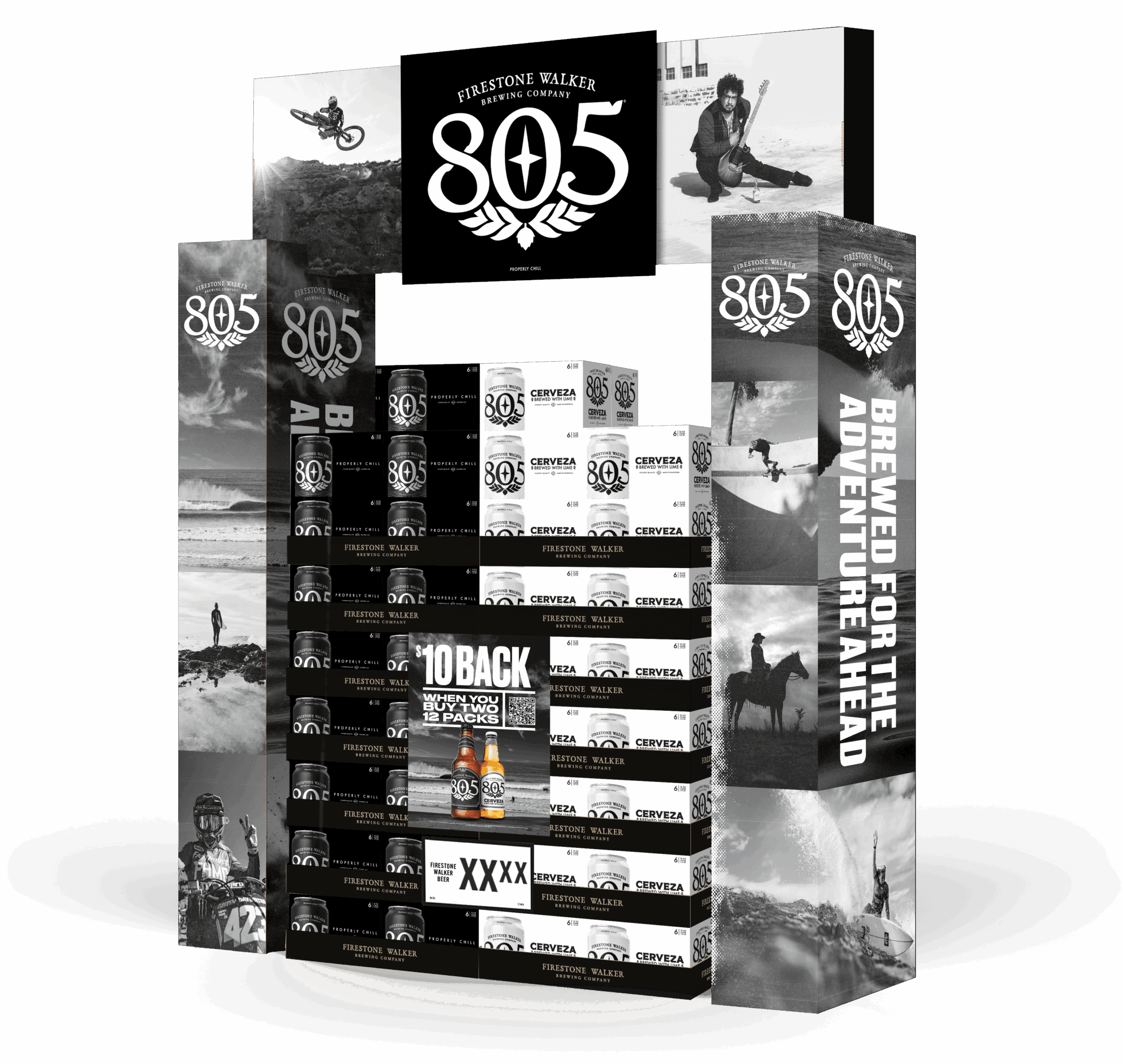 Display with skateboard images, books, and a central logo reading '805' and 'Adventure'.