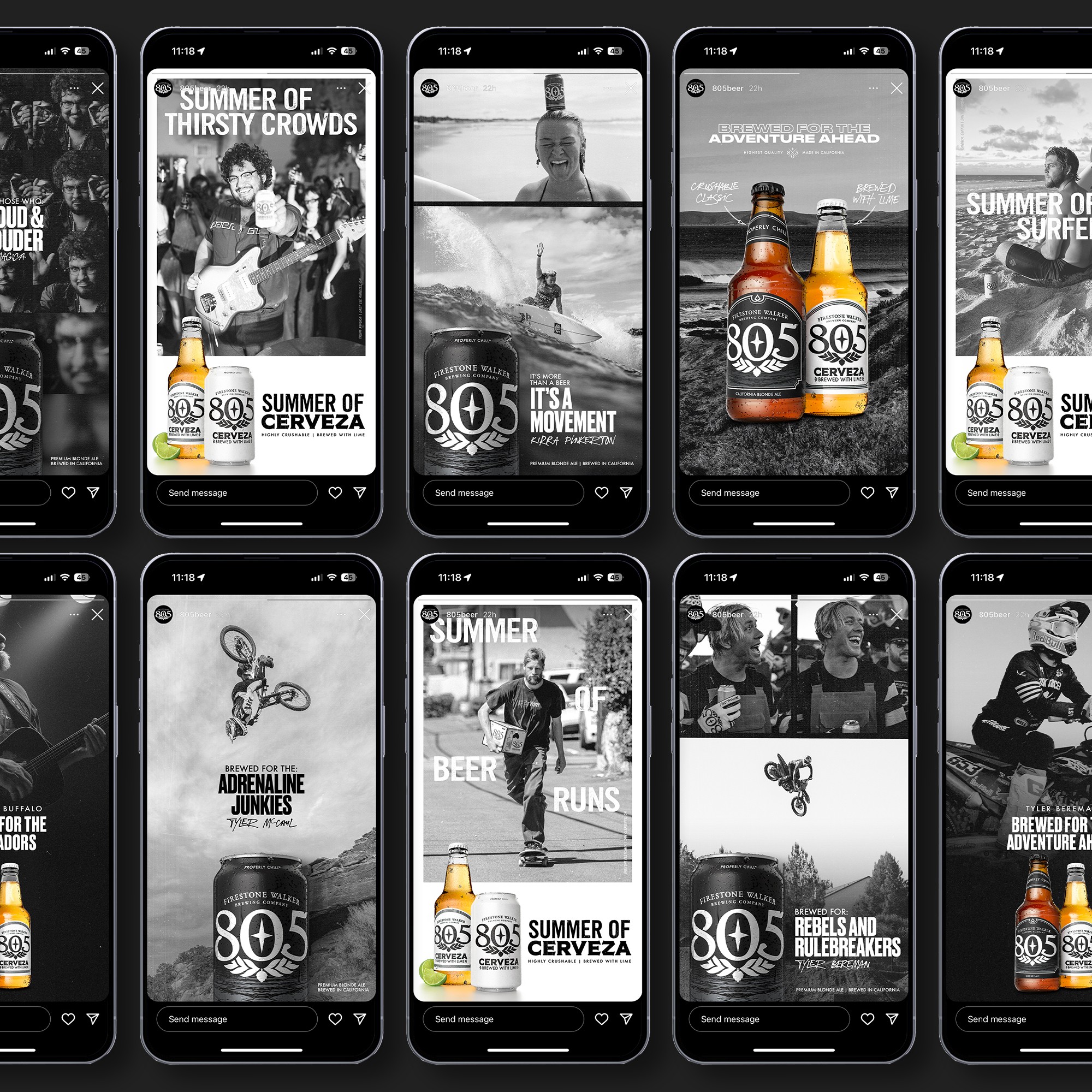 Multiple smartphones displaying black and white images and advertisements, some featuring bottles of beer, people, and outdoor scenes.