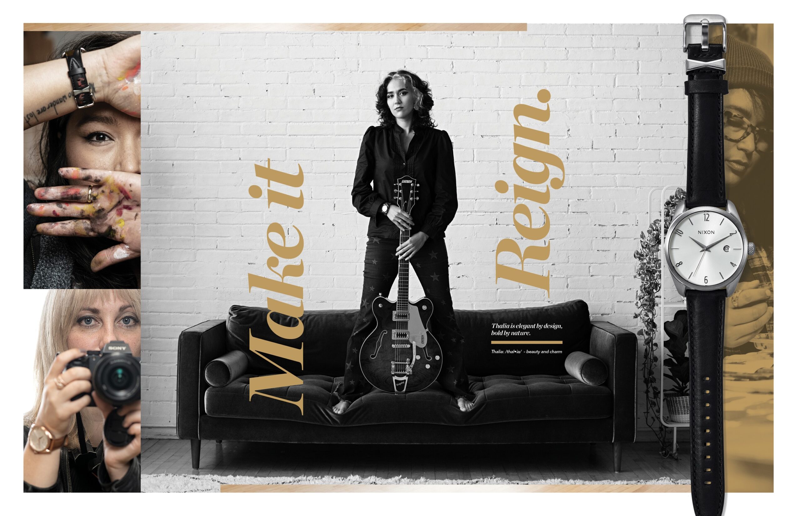 Person standing with guitar in front of a wall with text, sitting on a black sofa, with a camera and watch nearby.