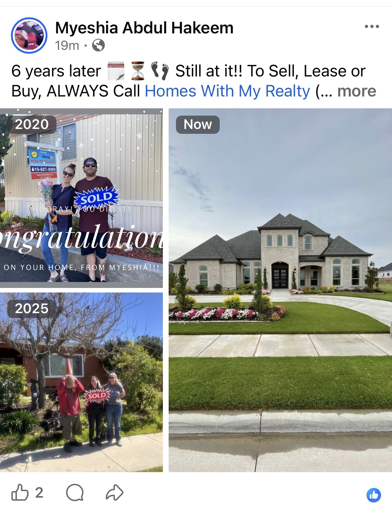 Three photos showing a house sale: sold sign in 2020, a new house in 2023, and a person with a sold sign in 2025.