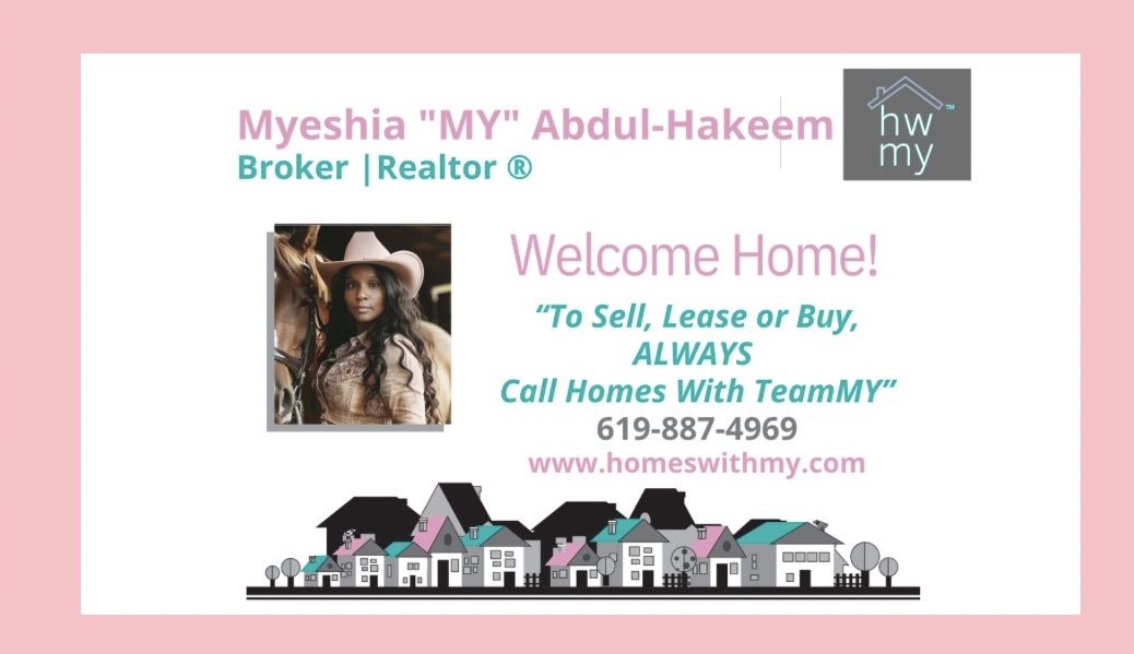 Business card for Myeshia MY Abdul-Hakeem, real estate broker, with a woman in a hat, house illustrations, and contact info.
