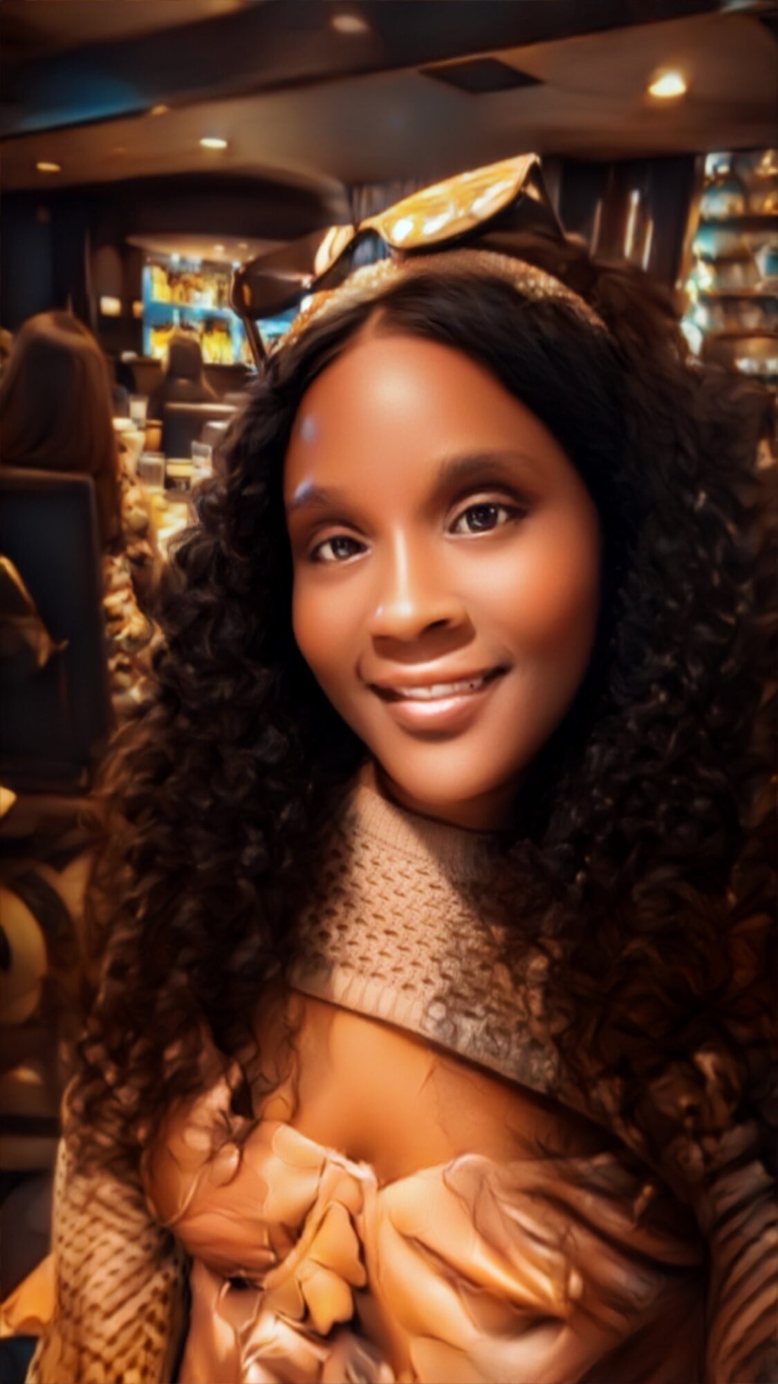 Young woman with curly hair smiling in a dimly lit indoor setting, wearing a beige outfit and a headband with a bow.