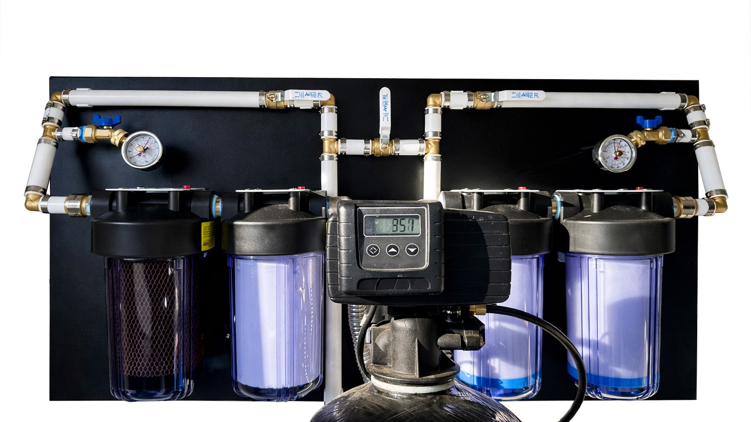 Water filtration system with four blue canisters, gauges, and a control panel, mounted on a black background.