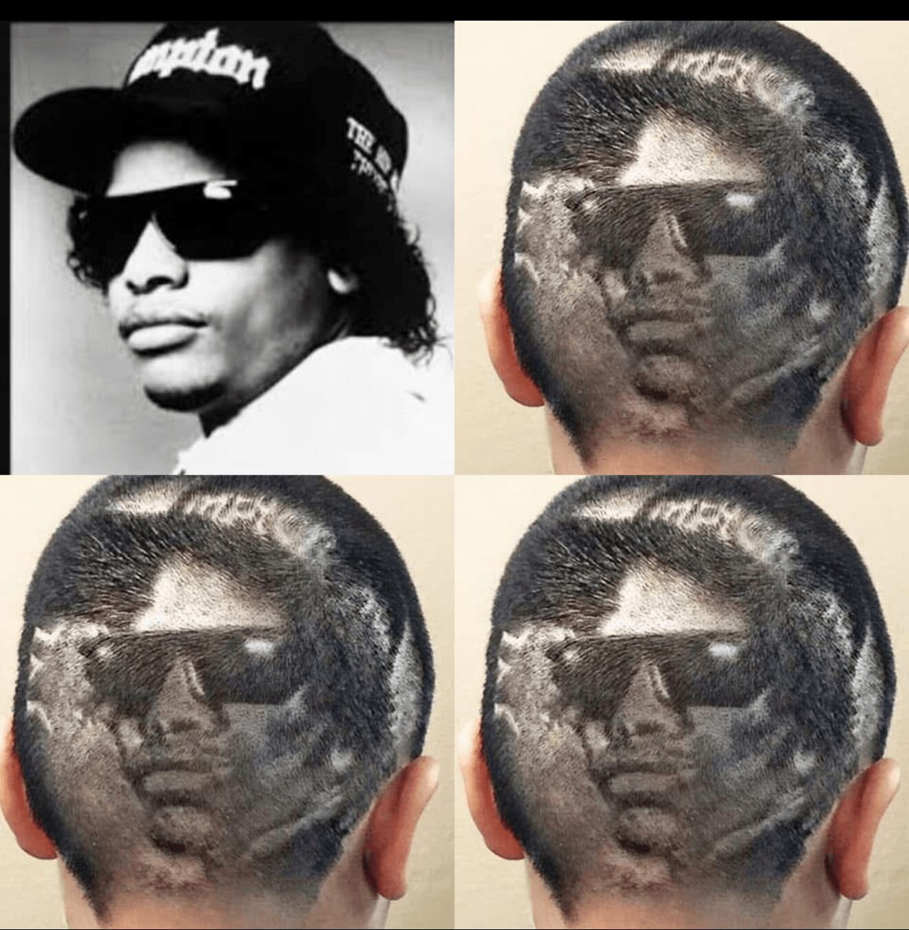 Four images: a person with sunglasses and a cap, and a close-up of a haircut with a detailed design, viewed from behind.