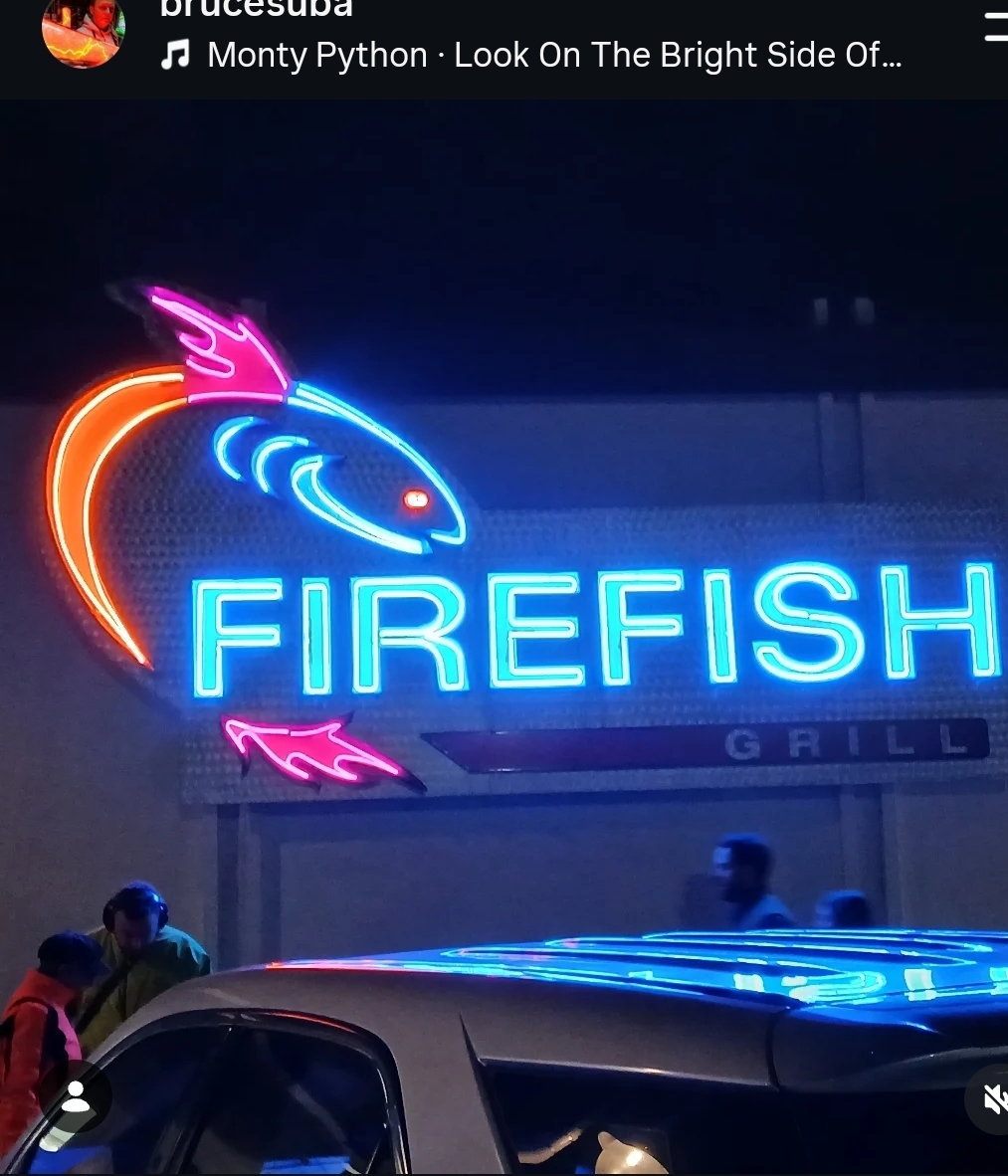 Neon sign of a fish with the word 'FIREFISH' and a grill sign below, illuminated in blue, pink, and orange colors.