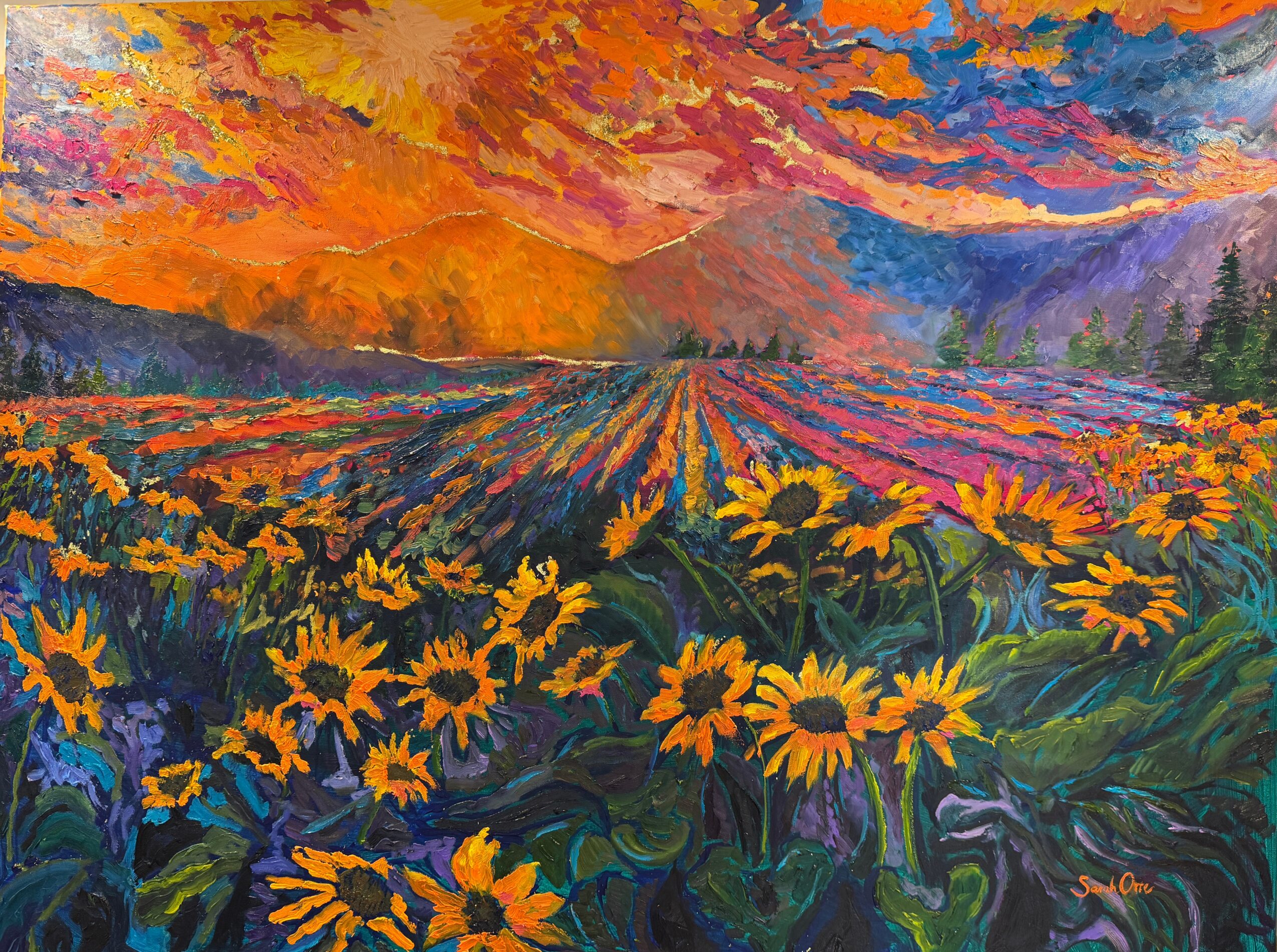 Vivid landscape with a colorful sky, a field of yellow flowers, and distant mountains, painted in an impressionistic style.