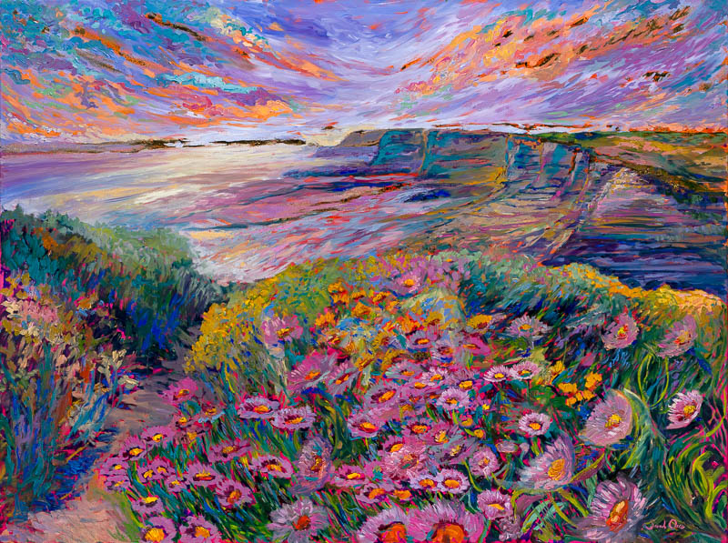 Colorful landscape with a vibrant flower field in foreground, cliffs and water in background, and a sunset sky.
