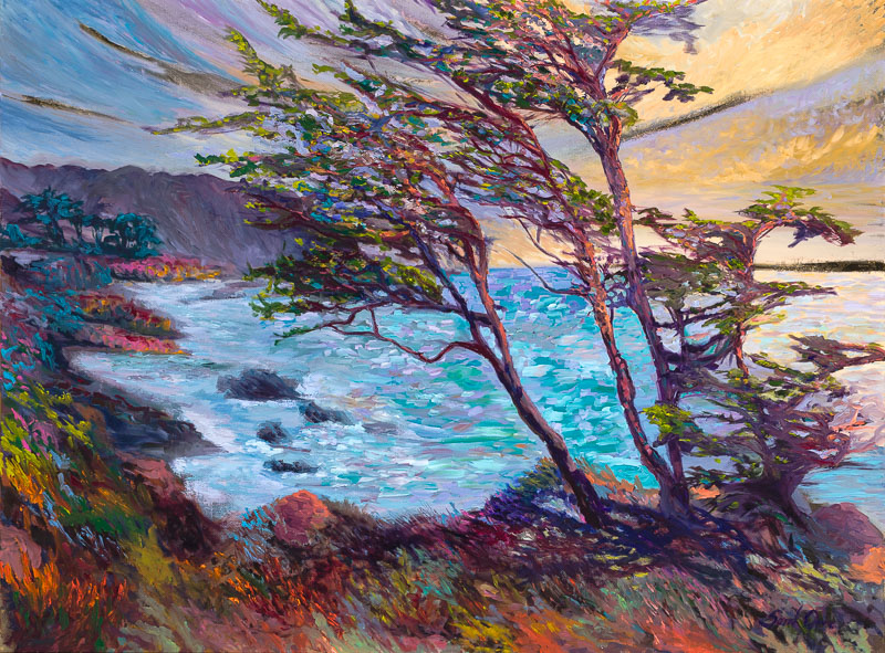 Landscape painting of a river with trees and mountains, colorful sky, and vibrant foliage.