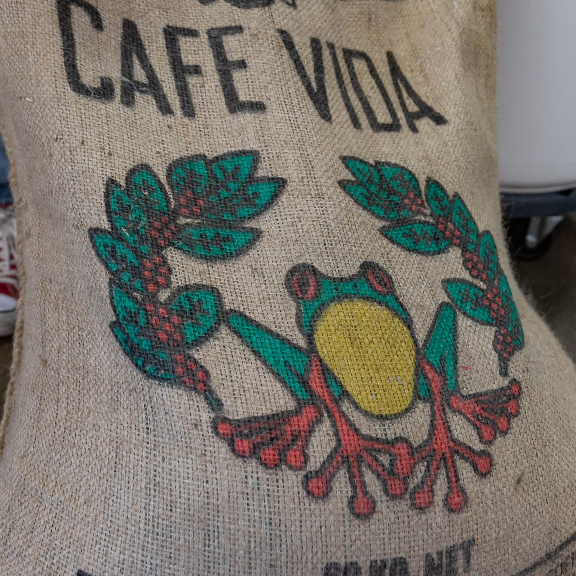 A fabric bag with a frog illustration and the words 'Café Vida' above it.