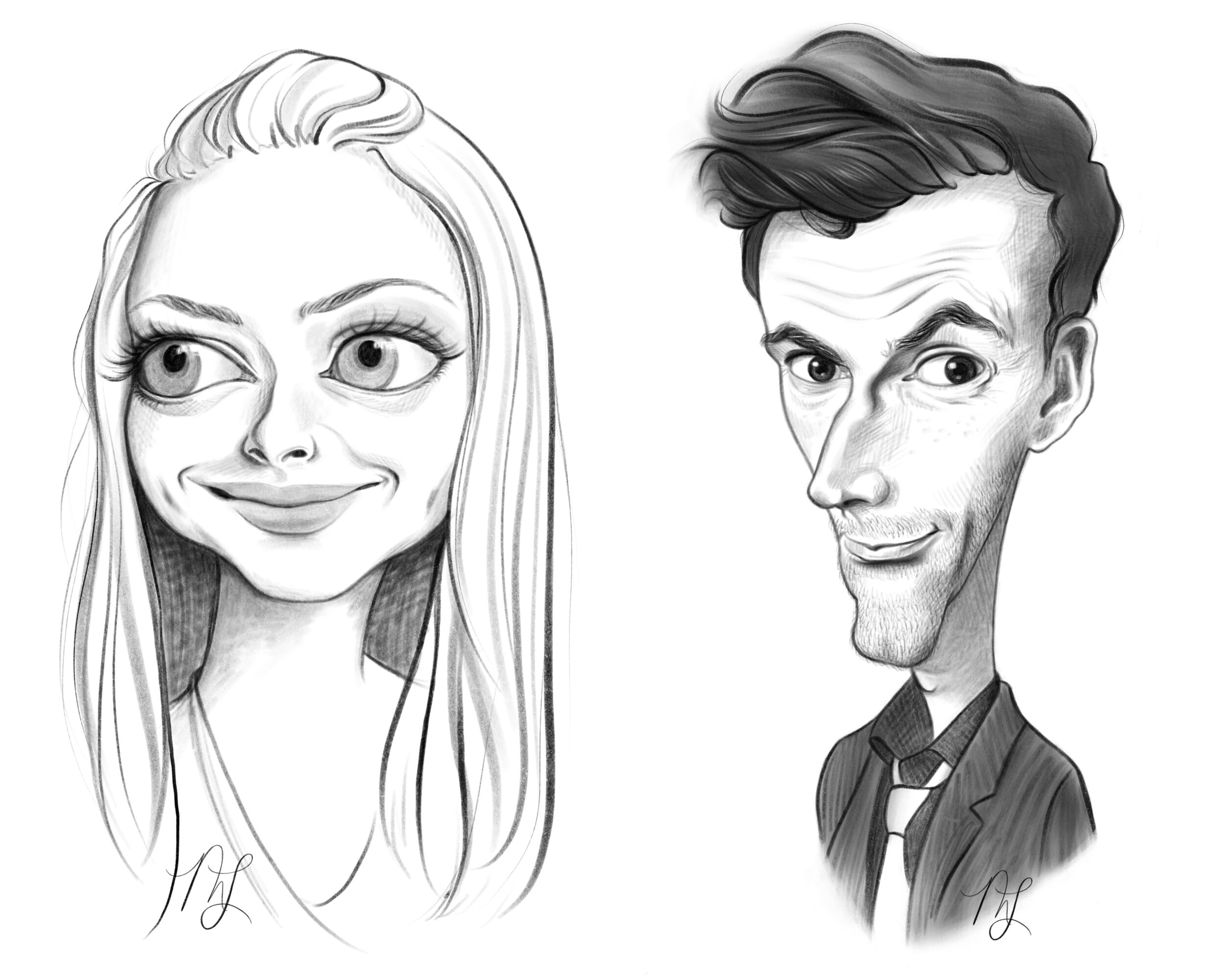 Two caricatured portraits, a woman with long hair and a man with styled hair, both smiling slightly, in black and white.
