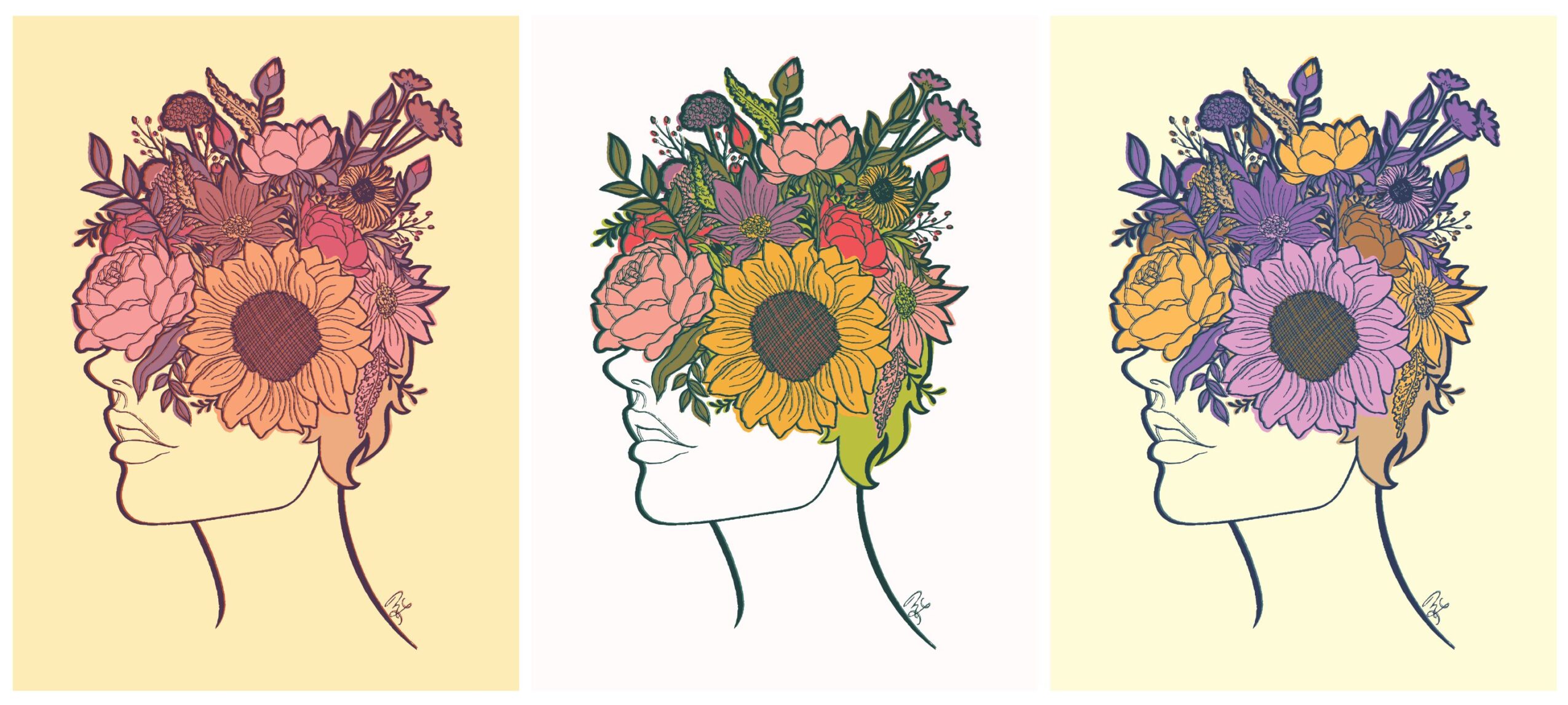 Three side-profile illustrations of a person with a floral headpiece, each on a different pastel background.