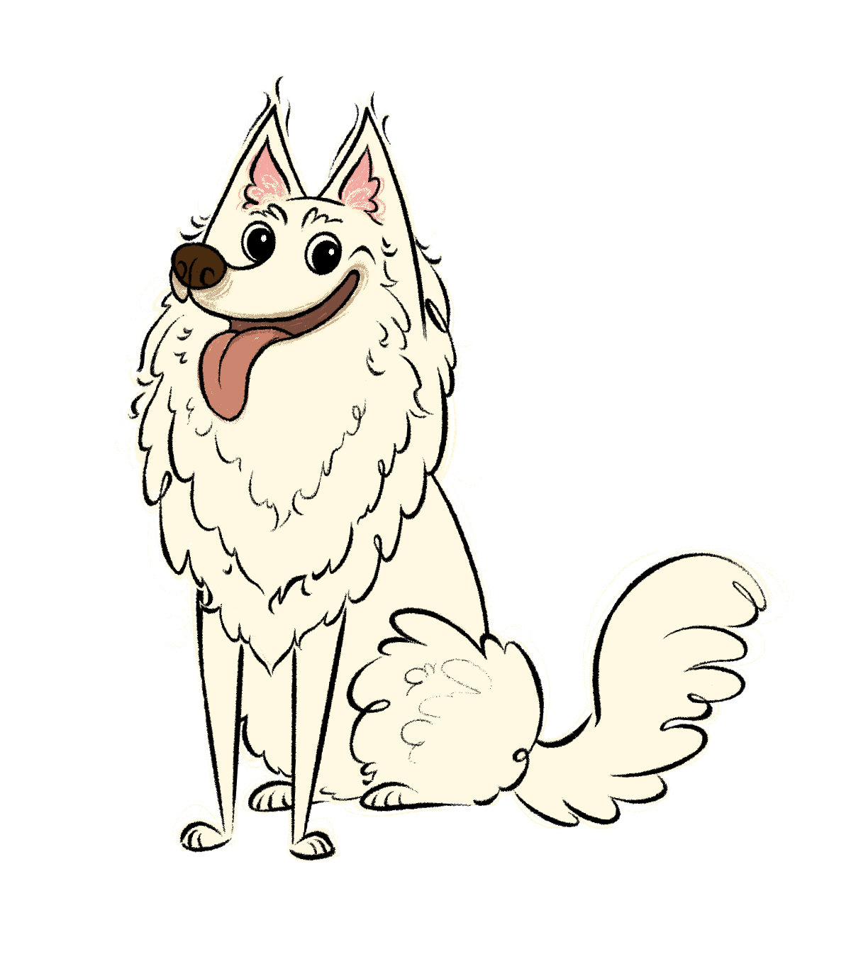 Cartoon dog with fluffy fur, sticking out tongue, sitting with tail curled, on a white background.