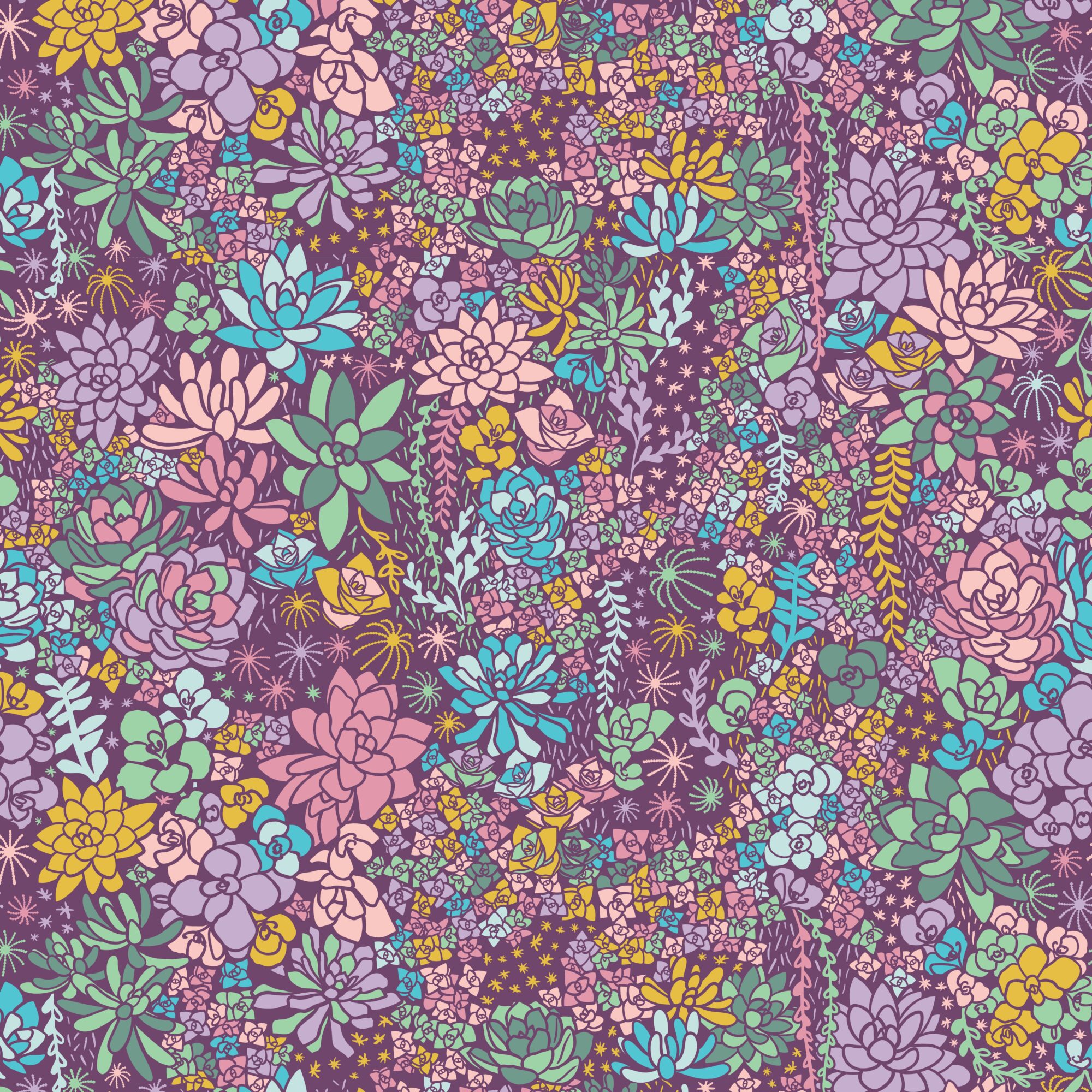 Colorful floral pattern with various succulents and flowers in purple, pink, yellow, blue, and green hues, densely packed.