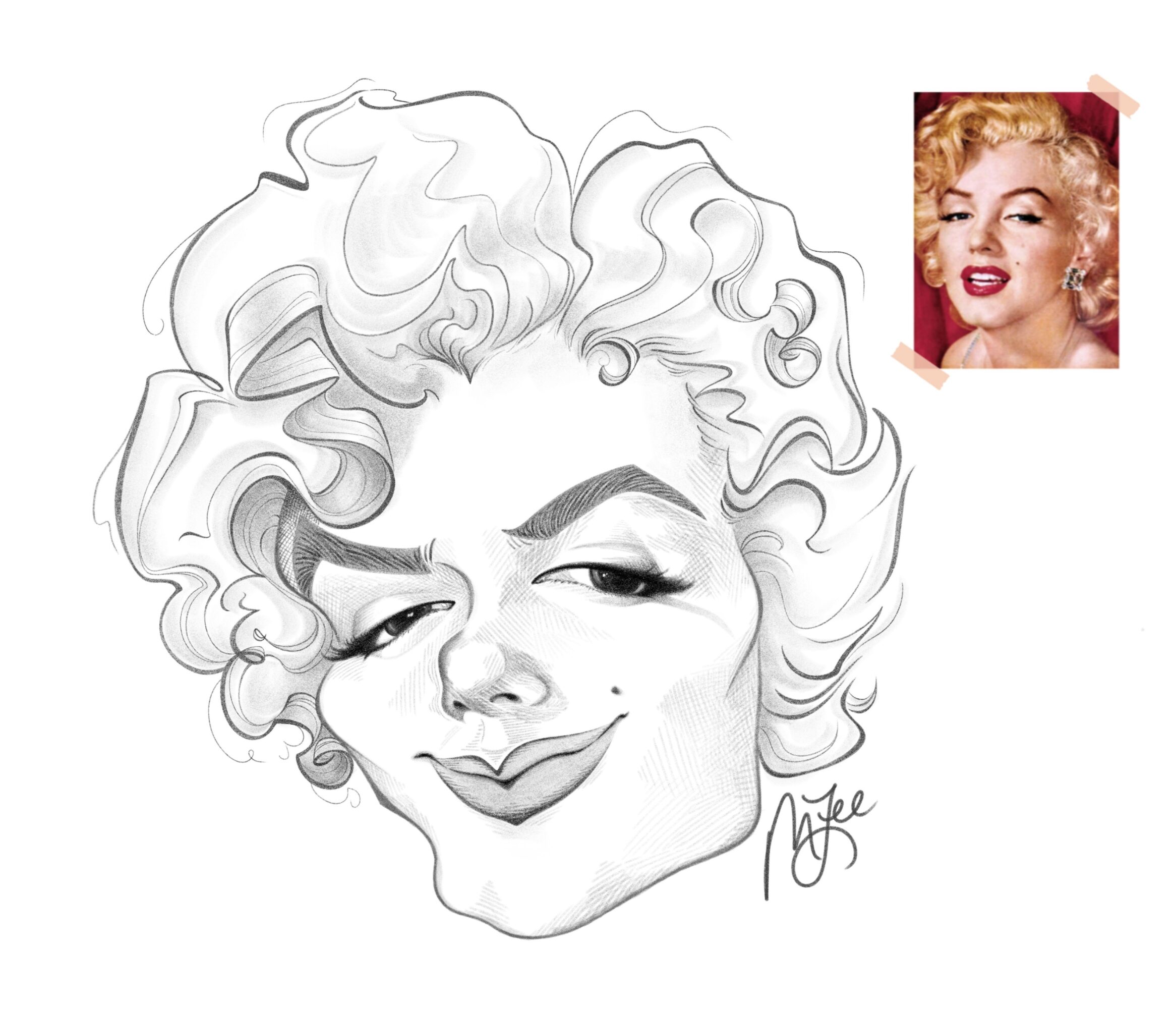A black-and-white caricature of a woman with curly hair, smiling with a confident expression, signature at bottom right.