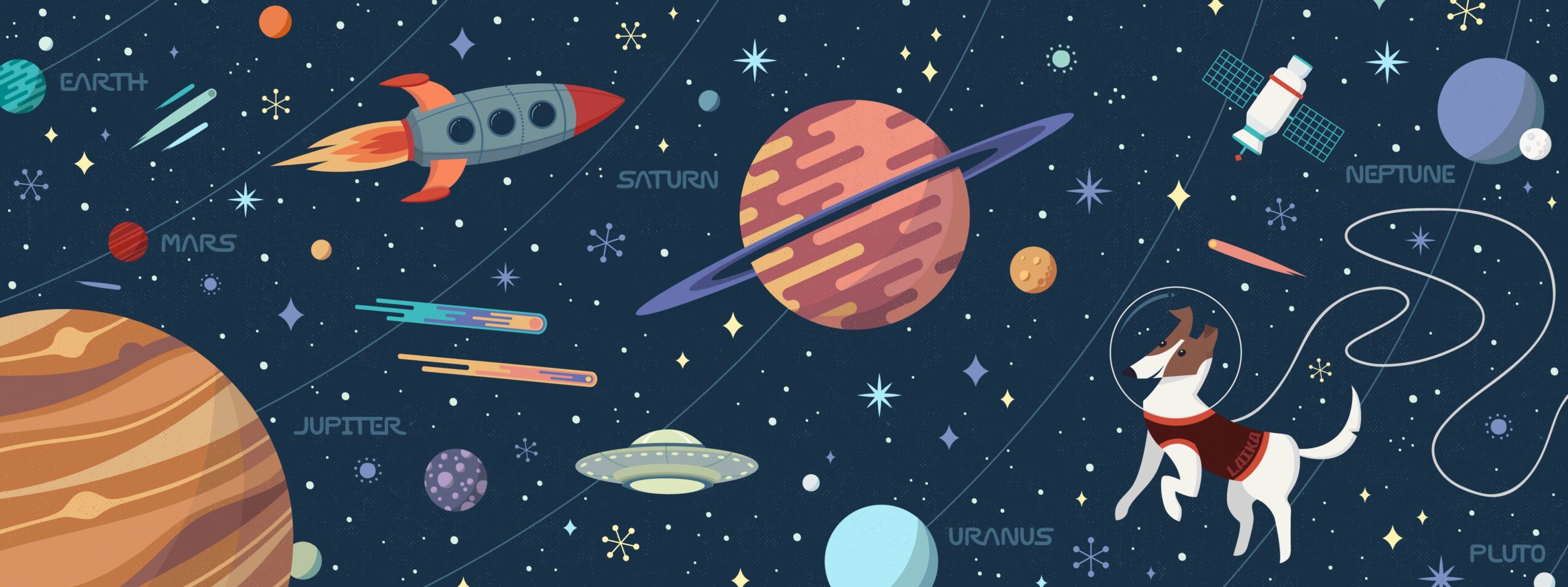 Space scene with planets, a rocket, satellite, dog in space suit, and stars.