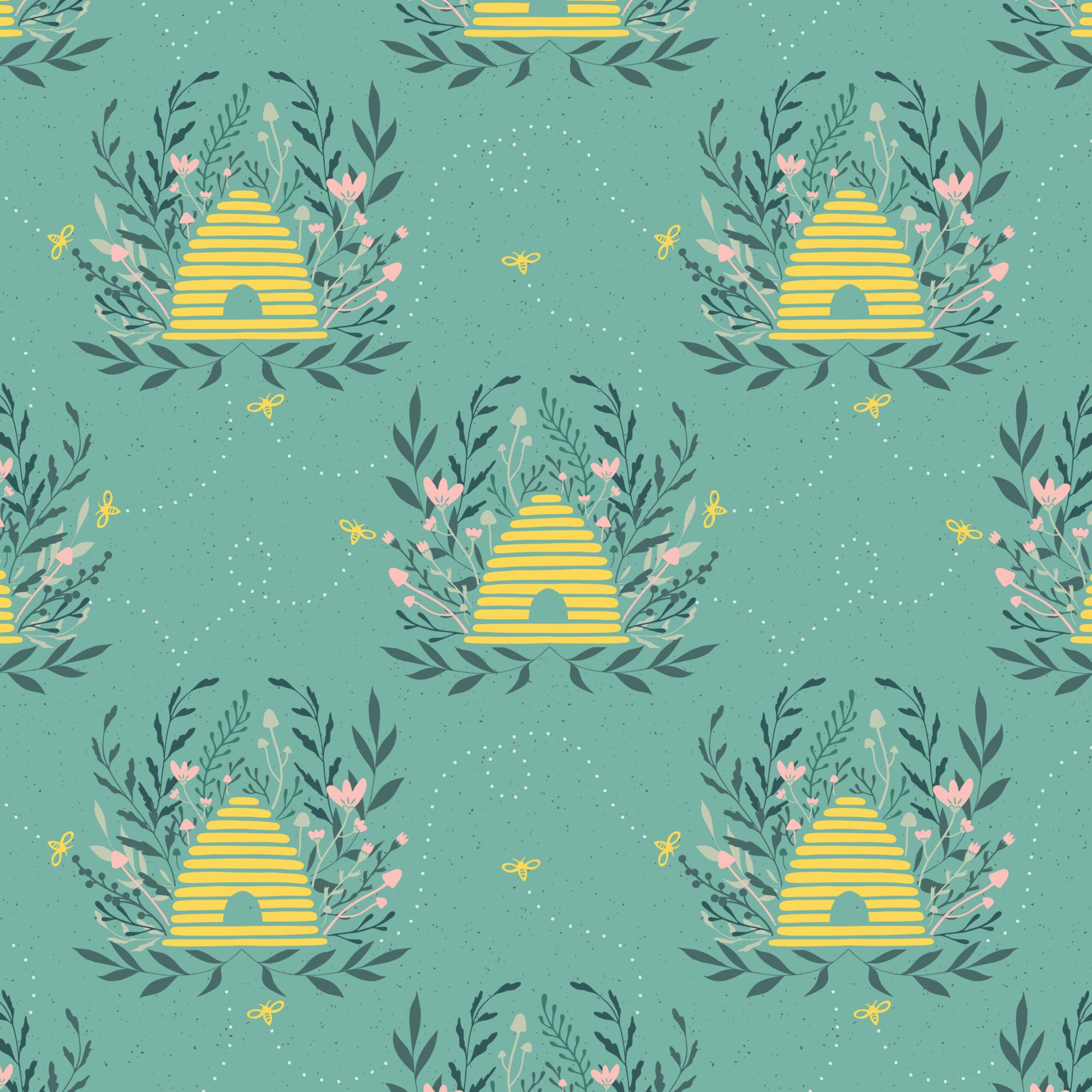 Repeating pattern of yellow beehives surrounded by green leaves and pink flowers on a teal background.