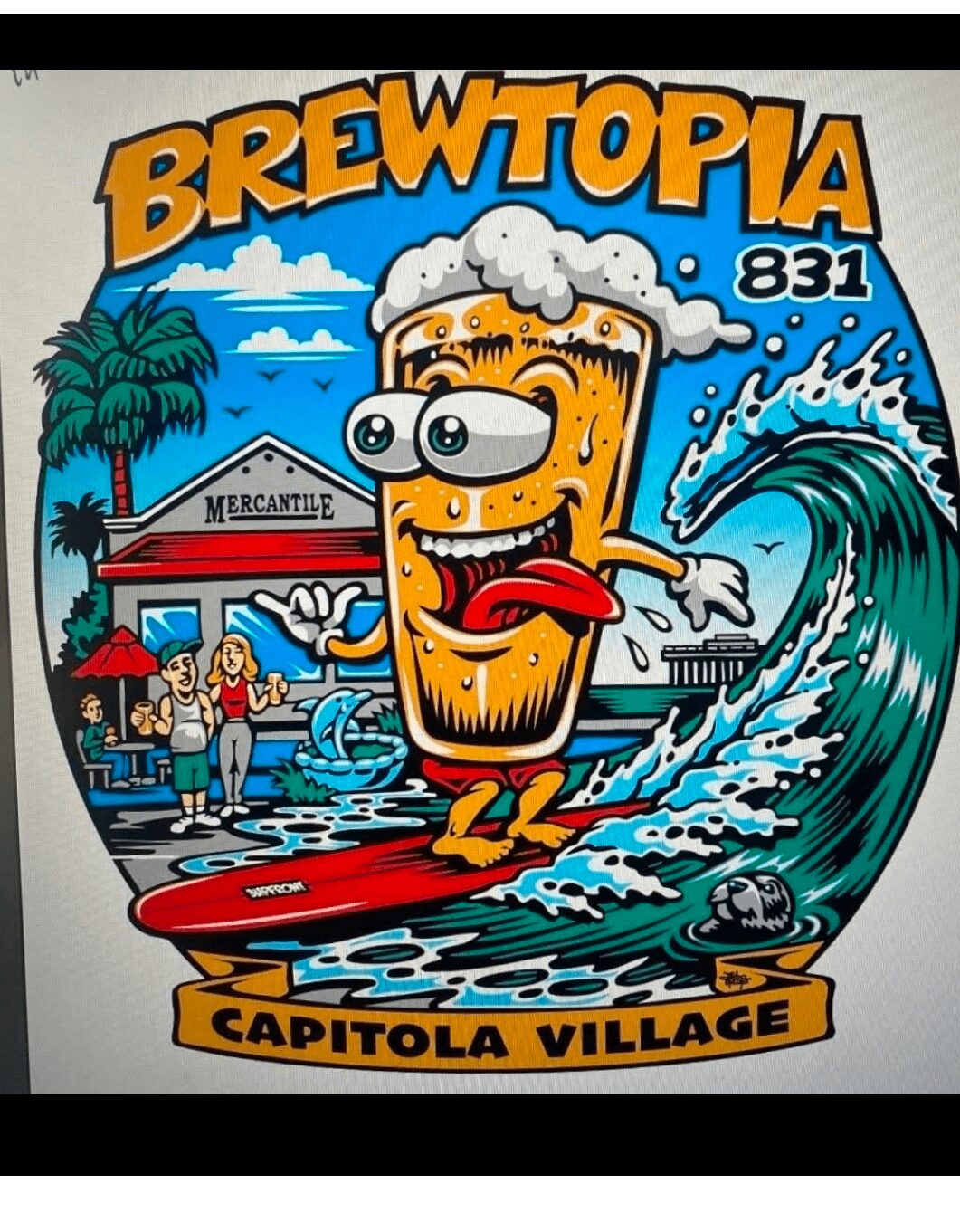 Cartoon beer mug surfing a wave with a tongue out, with a background of a building, palm trees, and people, promoting Brewtopia 831.