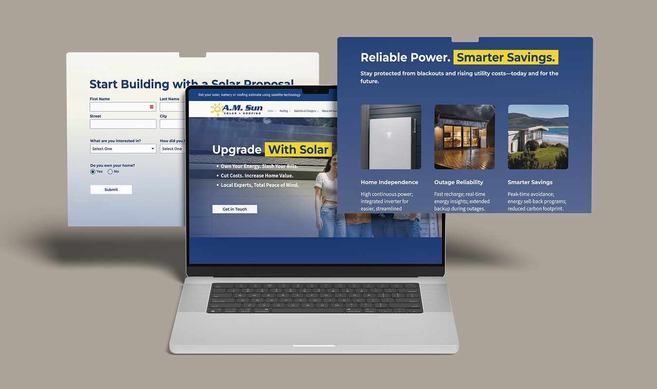 Laptop displaying a website about solar power and home improvement, with two additional website screenshots behind it.