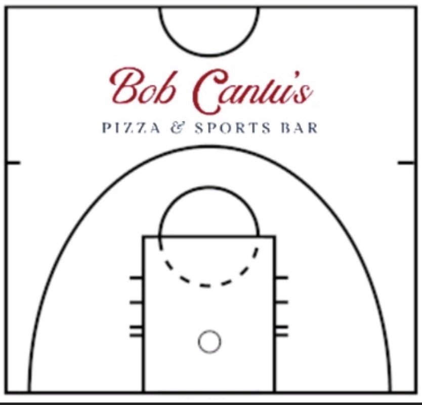 Basketball court diagram with a logo for Bob Cantu's Pizza & Sports Bar at the top, court markings, and a three-point line.