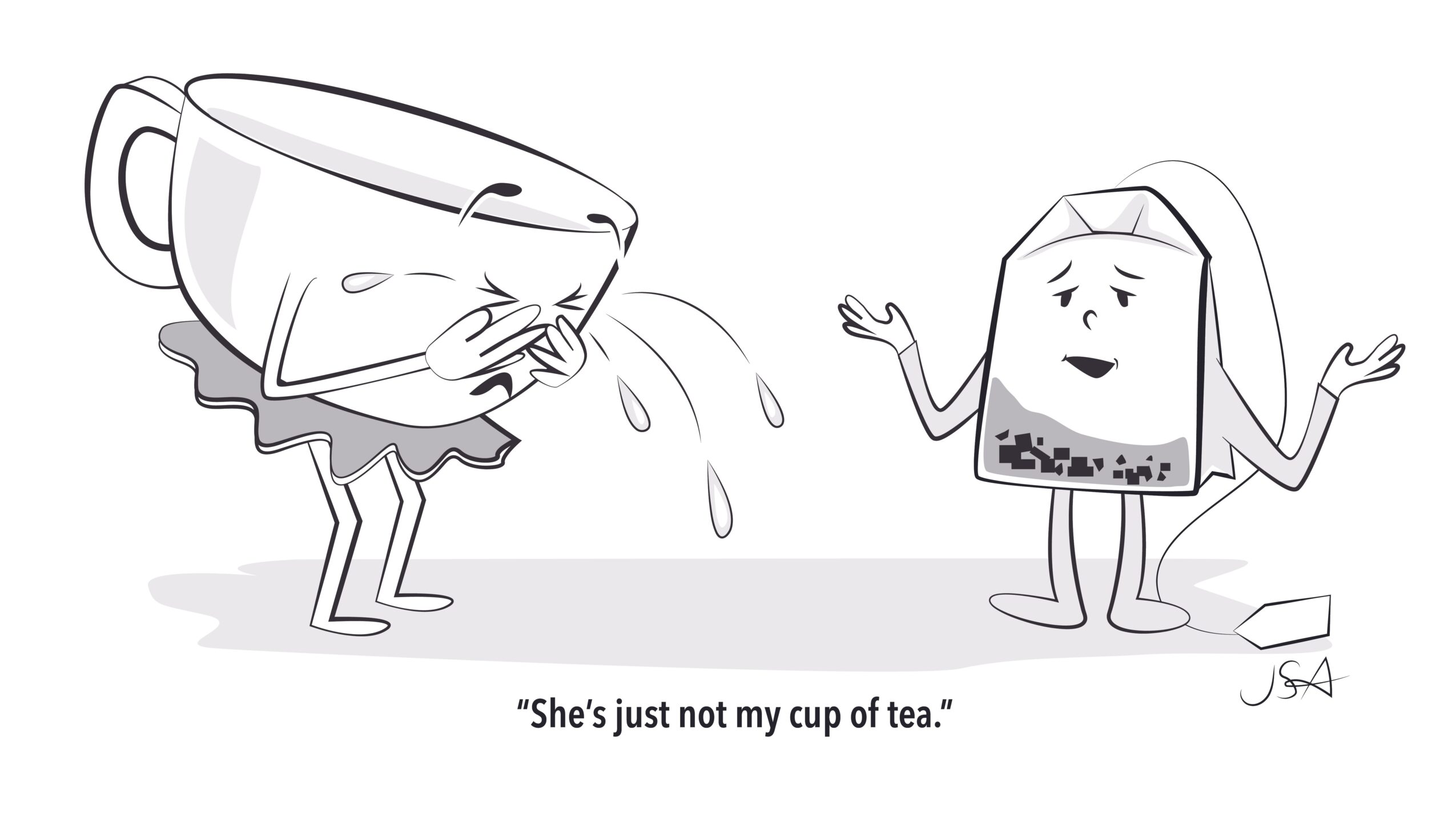 A cartoon tea bag character with a face and arms talks to a teacup character with a face and arms, with a caption.
