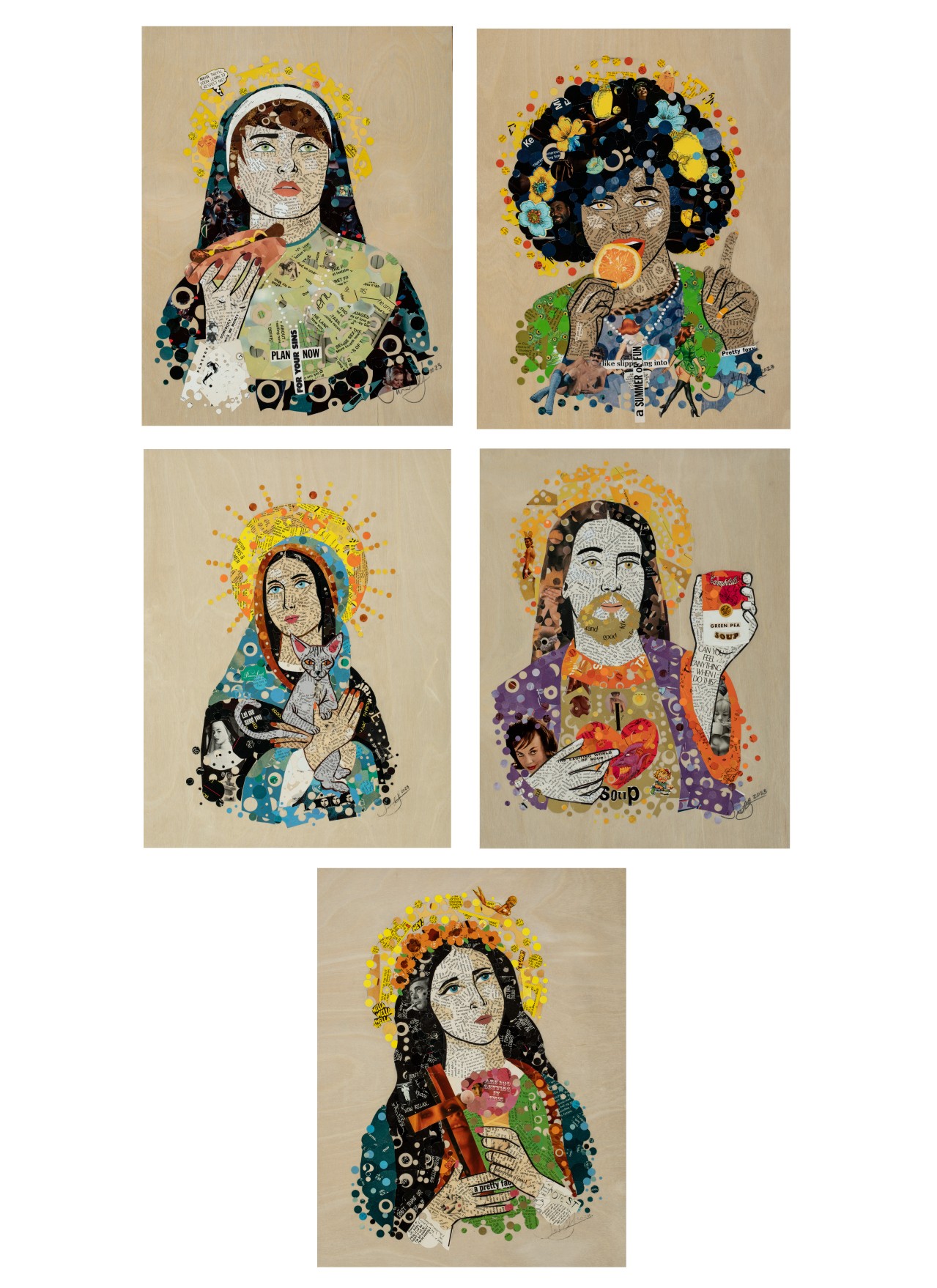 Five illustrated portraits of women with colorful floral and decorative backgrounds, each holding different objects or in different poses.