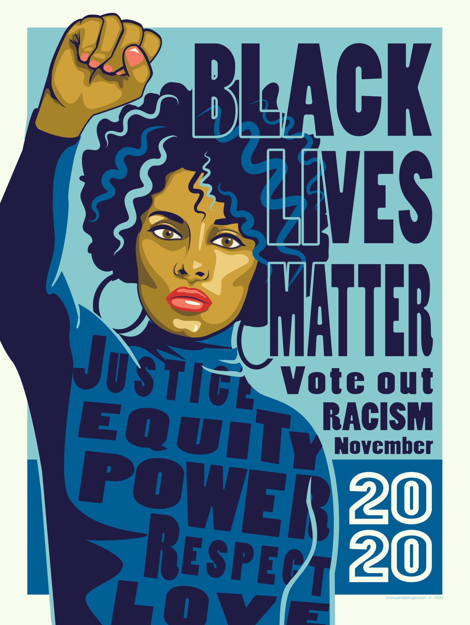 Illustration of a woman with curly hair raising her fist, with text reading 'Black Lives Matter' and 'Justice, Equality, Power, Respect,' and 'Vote out Racism 2020'.