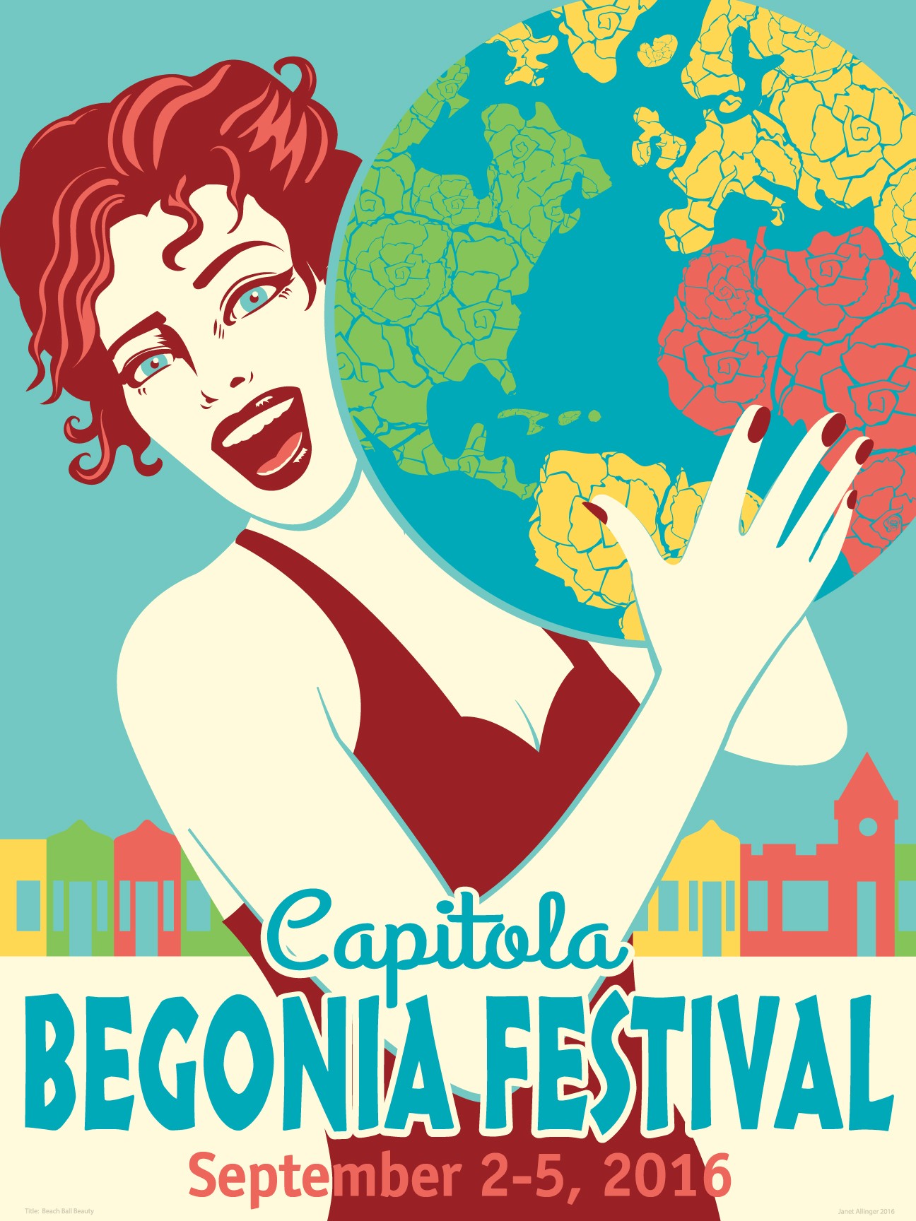 Illustration of a woman with red hair holding a globe, with colorful buildings in the background, promoting the Begonia Festival.