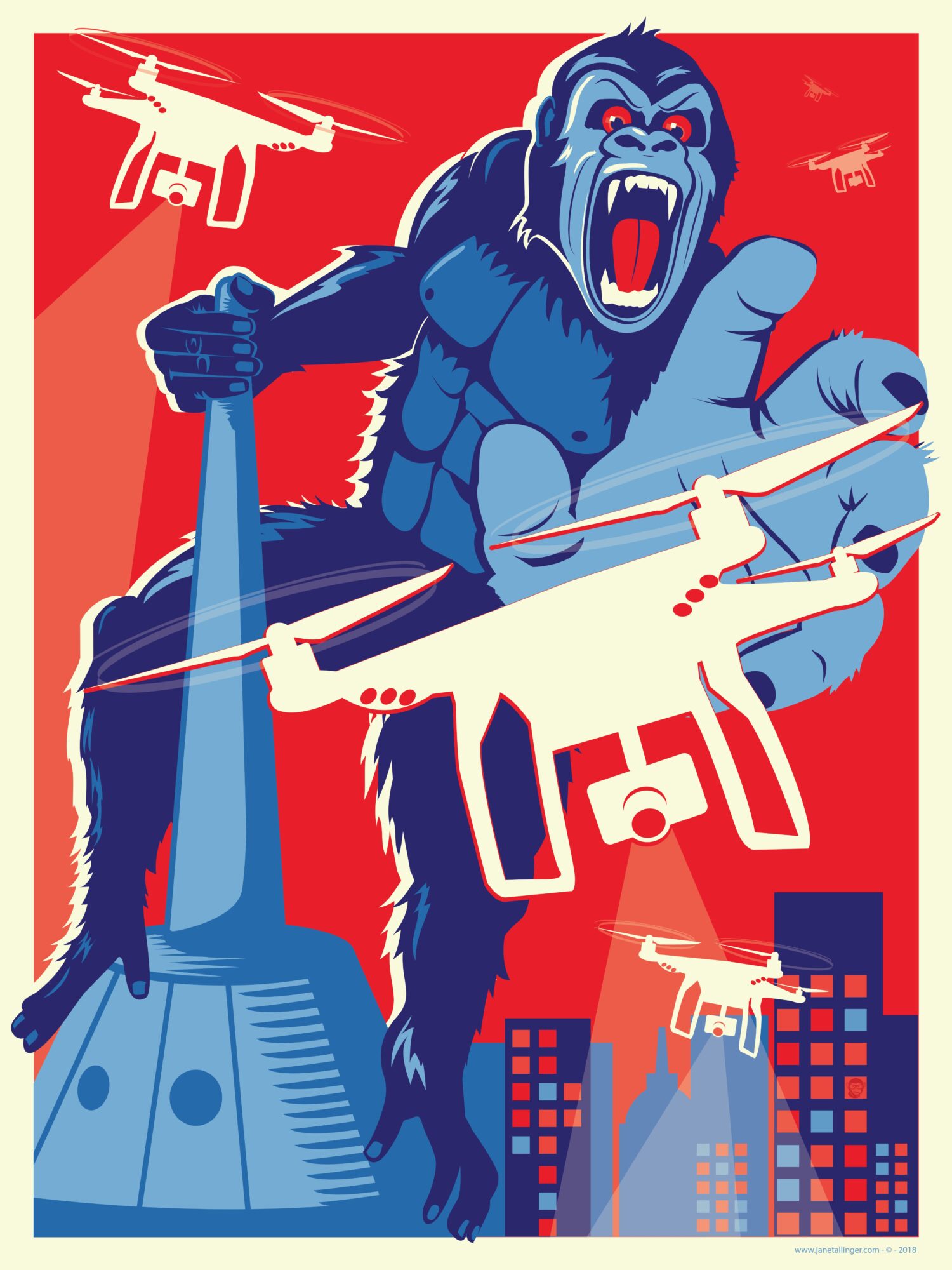 Giant blue gorilla holding a drone and a remote control, with flying drones and city buildings in background.