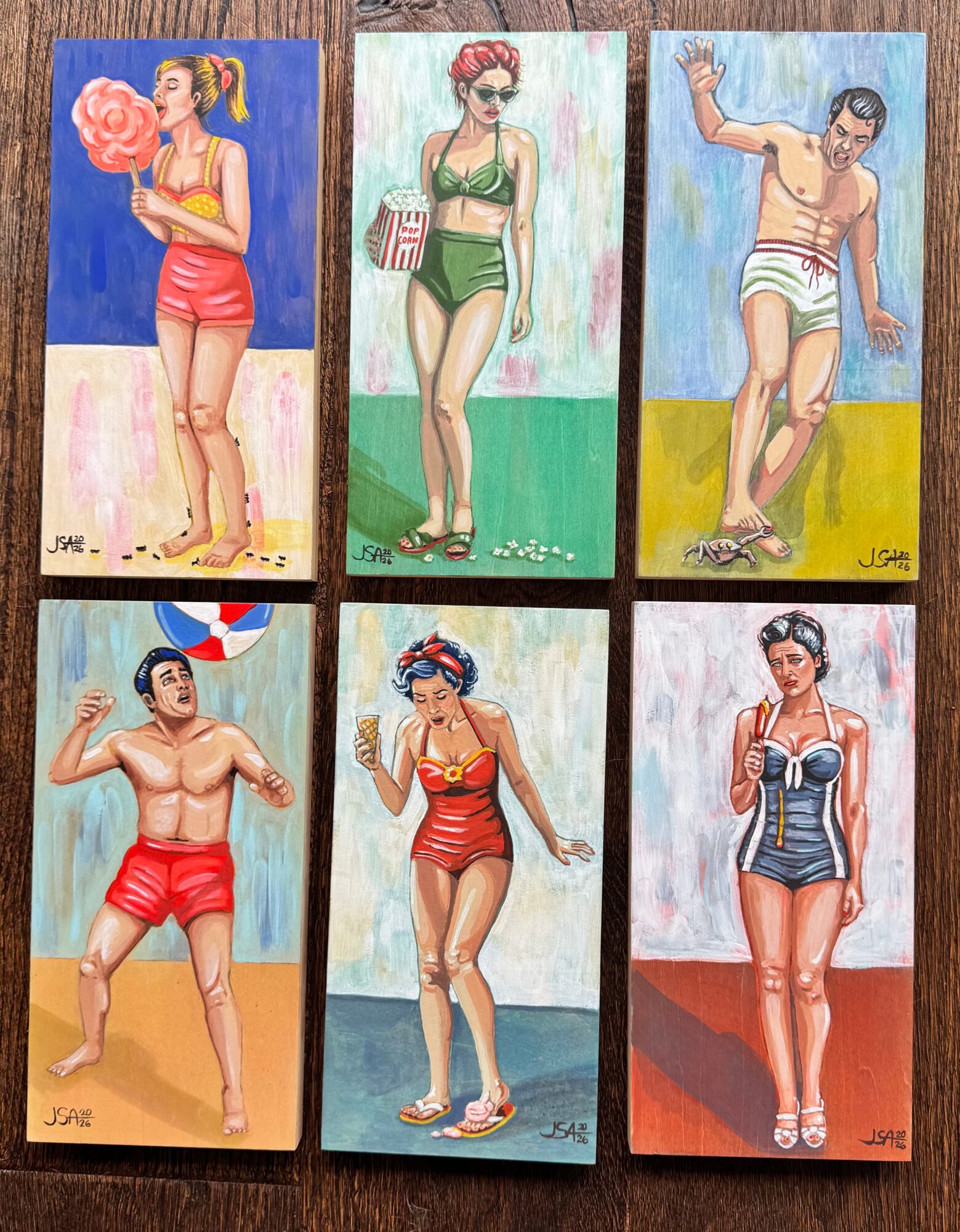 Six illustrations of people in vintage swimwear and summer outfits, each with different poses and backgrounds.