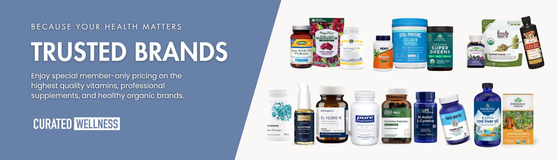 Advertisement for trusted health brands with various supplement bottles and containers, blue background, text about wellness, 20 words.