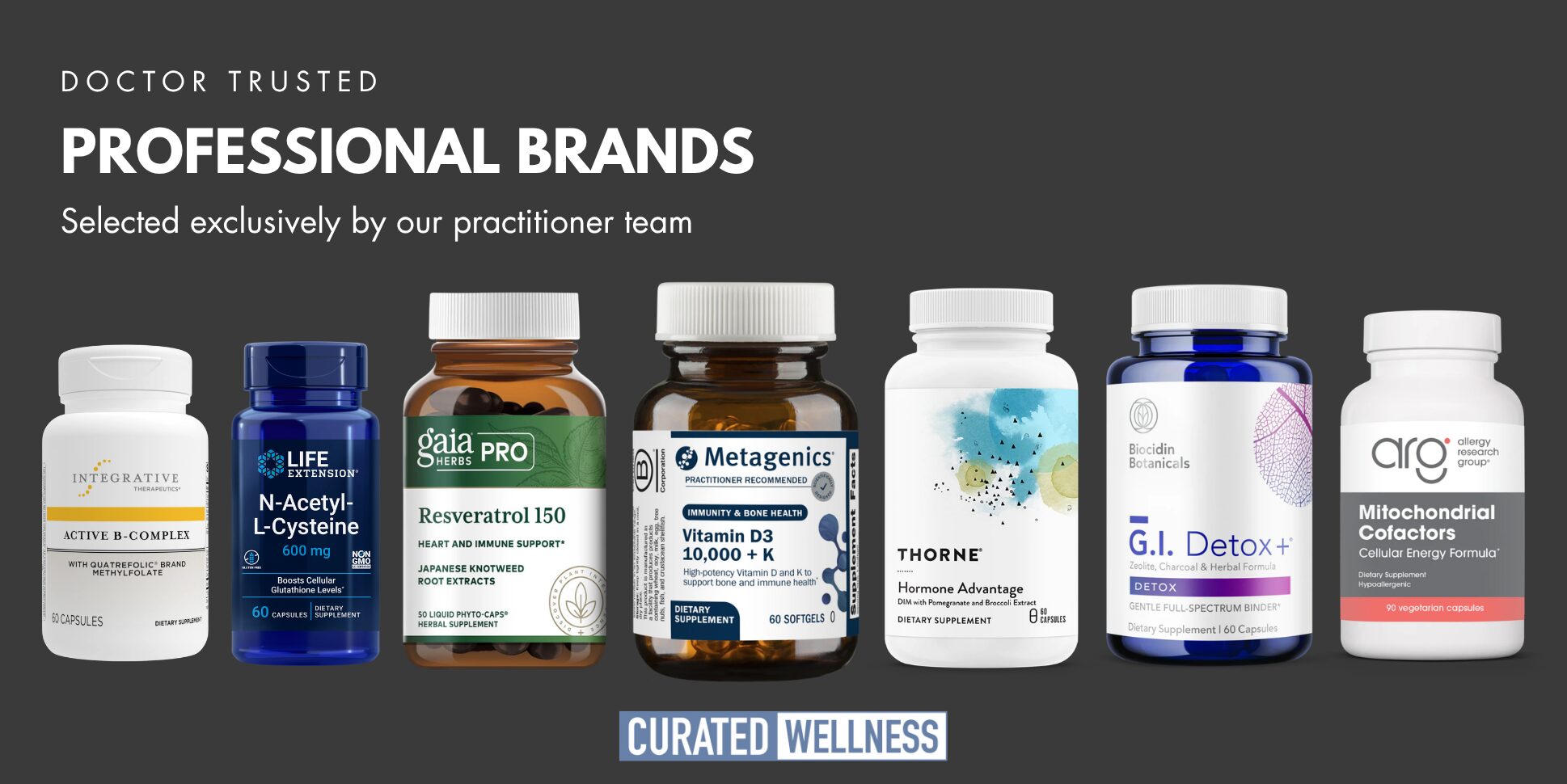 Six bottles of health supplements and medications on a black background, labeled with various brand names and descriptions.