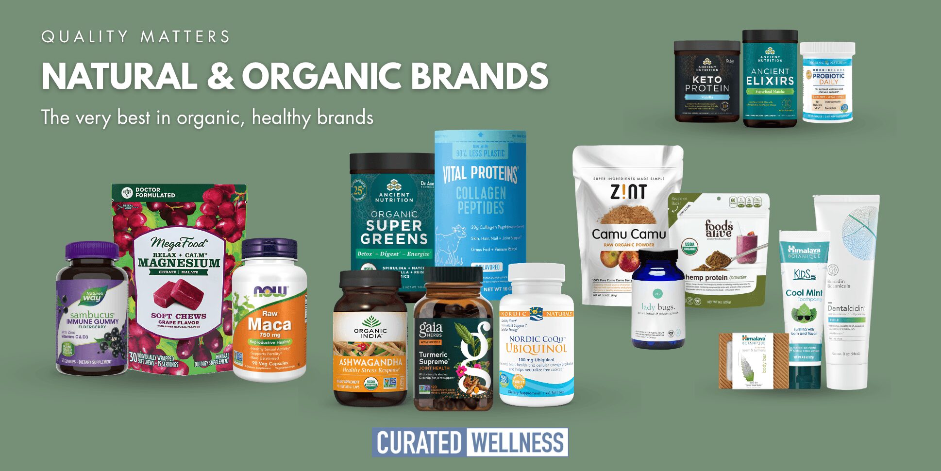 Display of various natural and organic health and wellness products, including supplements, skincare, and personal care items.