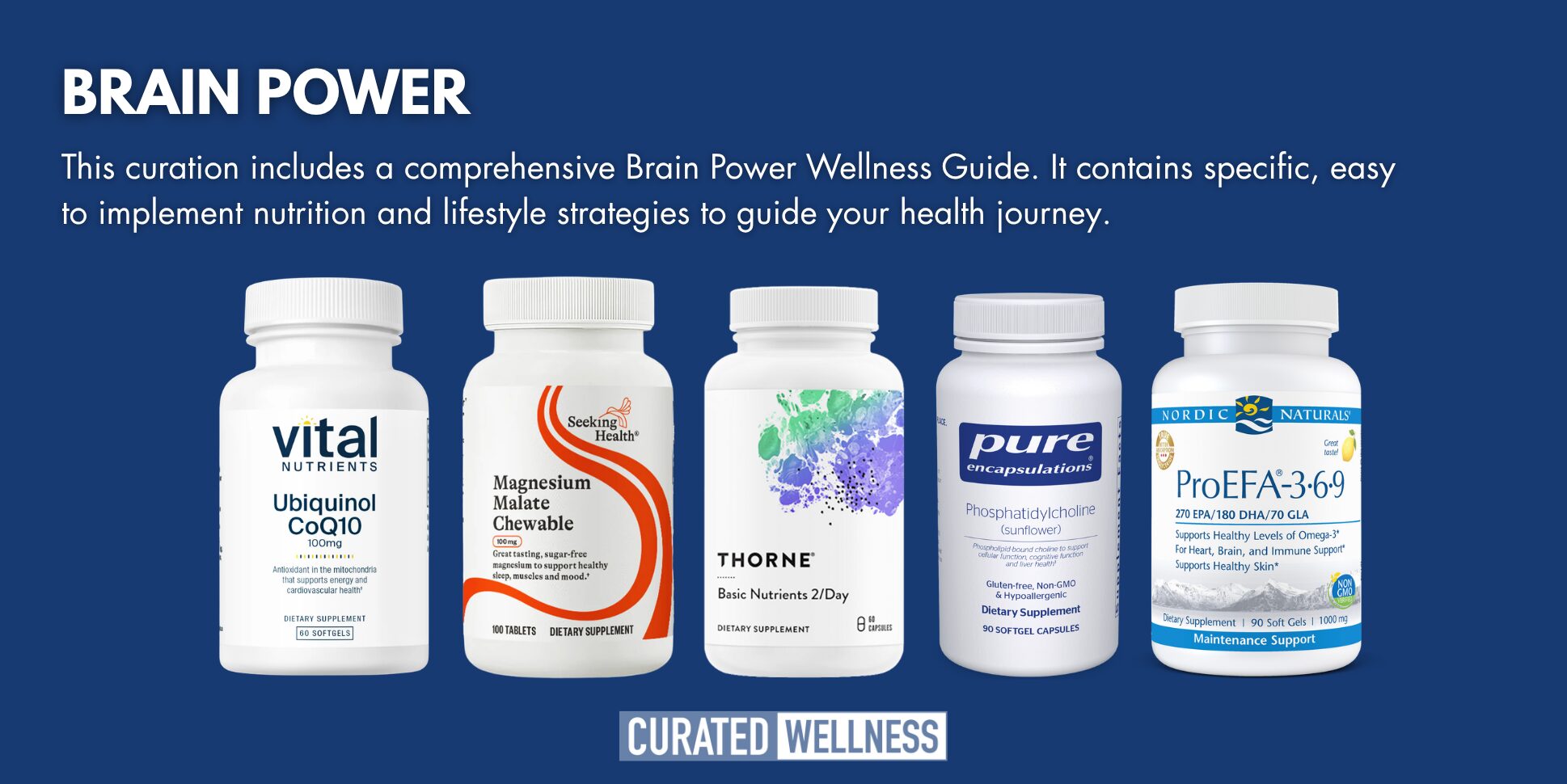 Five supplement bottles with labels, arranged in a row, on a white background. Title at top reads 'BRAIN POWER'.