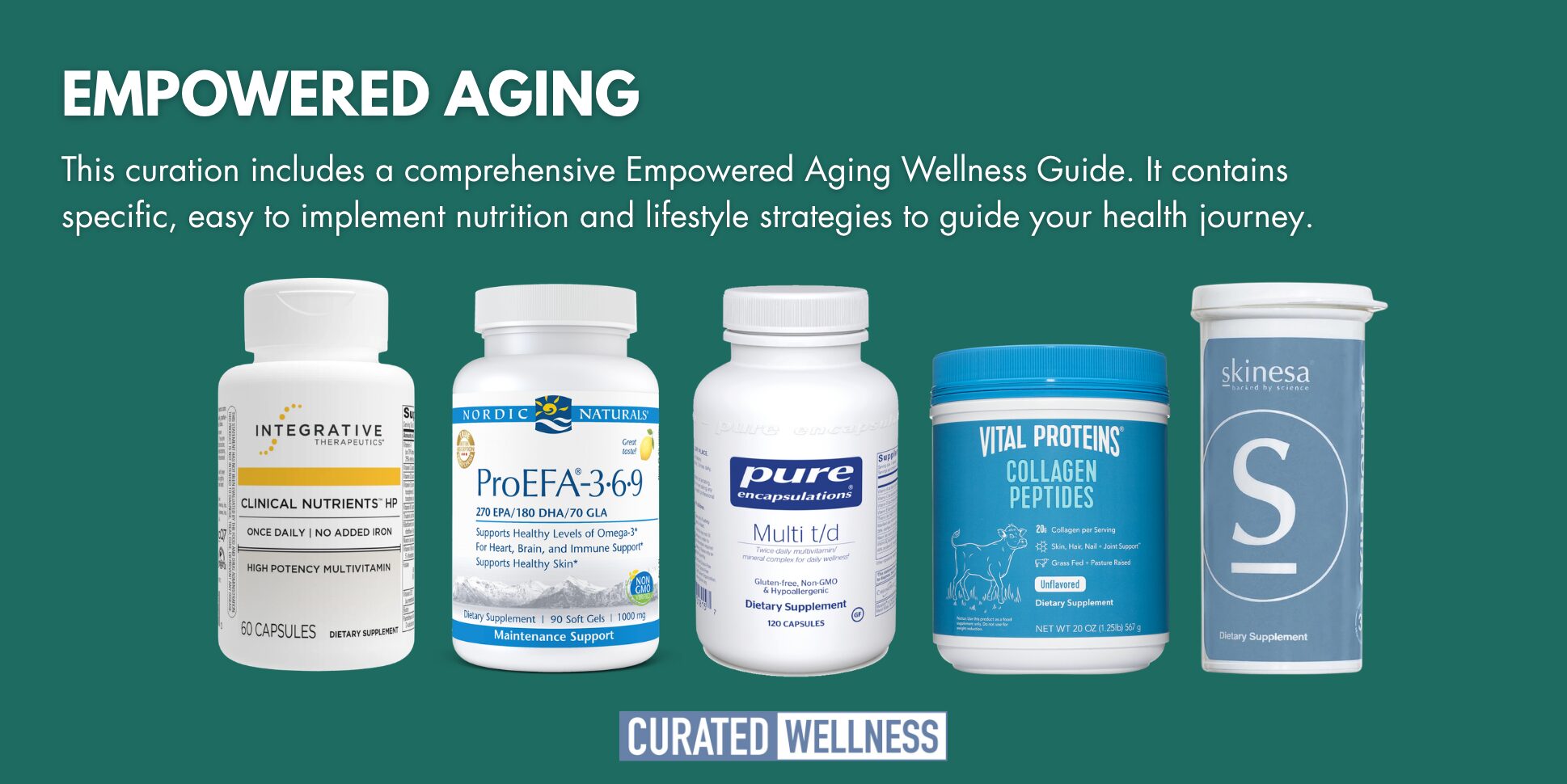 Five supplement bottles with labels, arranged in a row on a teal background, promoting empowered aging and wellness.