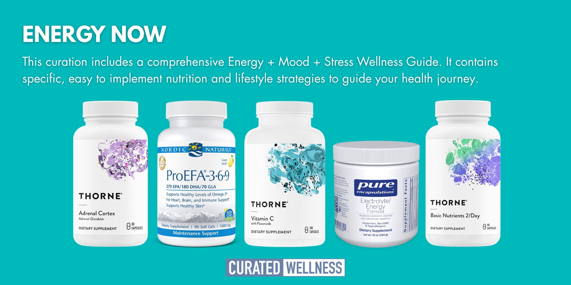 Five supplement bottles with labels, set against a blue background with white text about energy and wellness, 20 words.