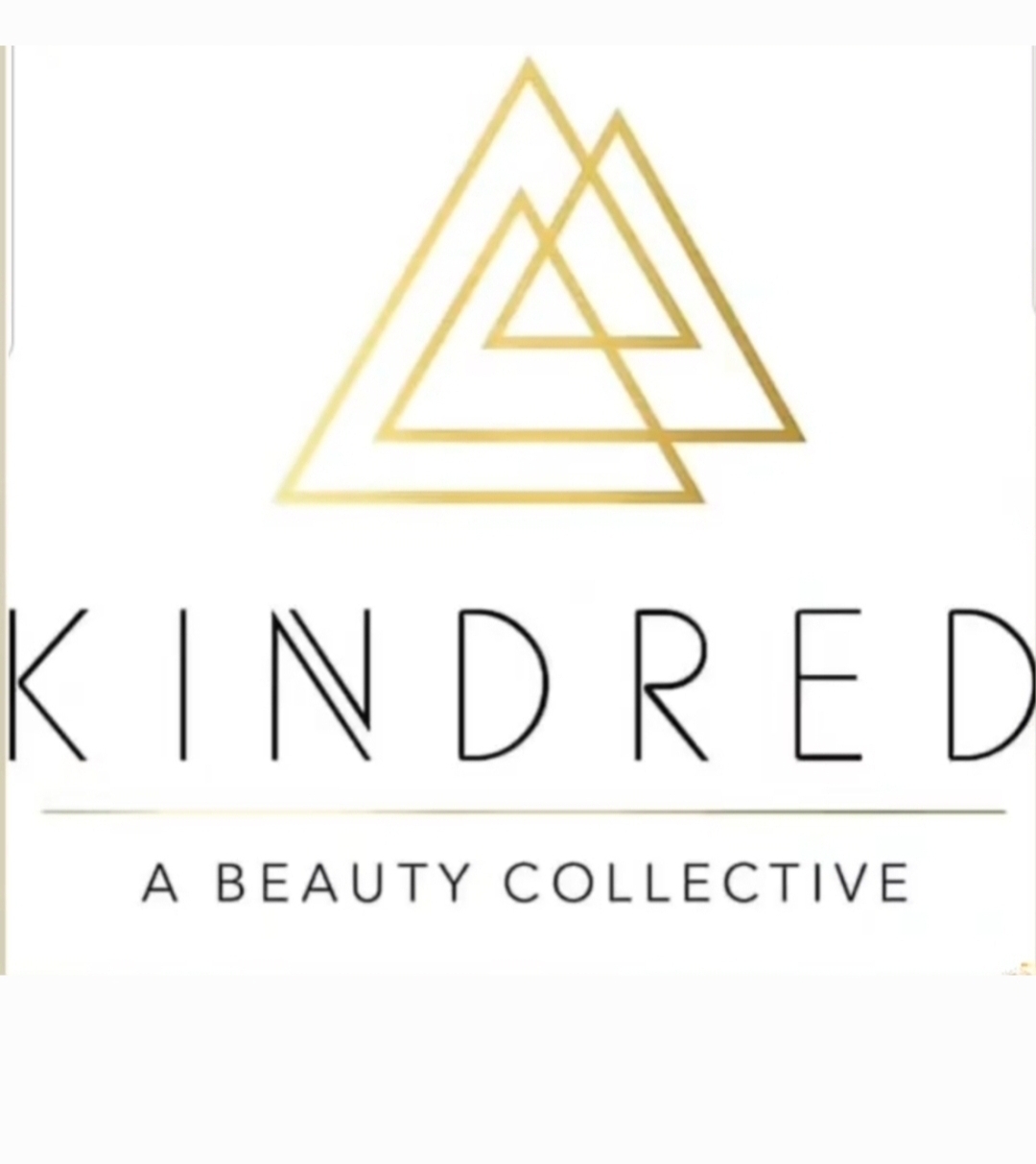 Logo with overlapping gold triangles above the text 'KINDRED' and 'A BEAUTY COLLECTIVE' in black.