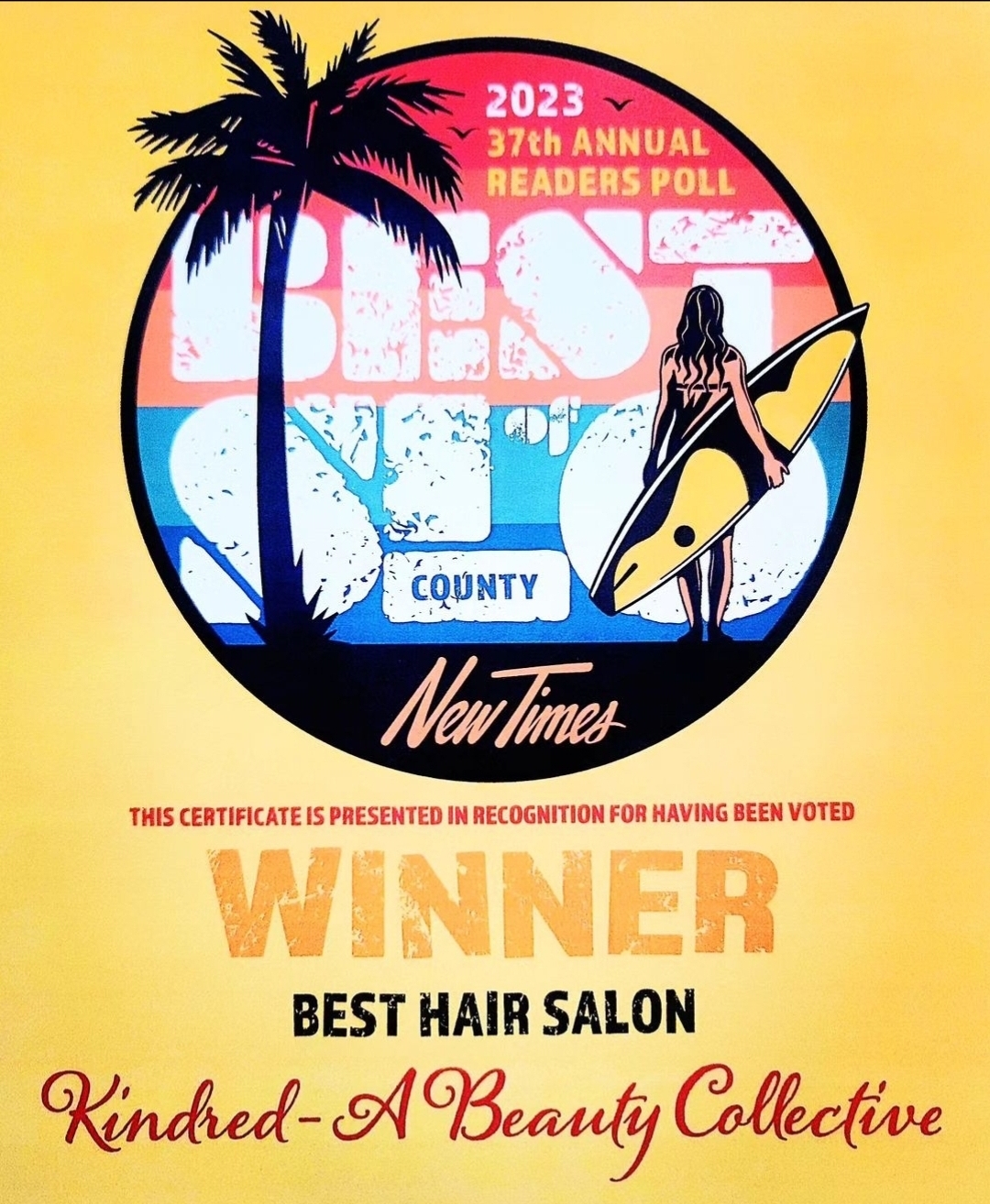 Award certificate with a palm tree, woman with surfboard, and text recognizing best hair salon winner, 2023, Reader's Poll.